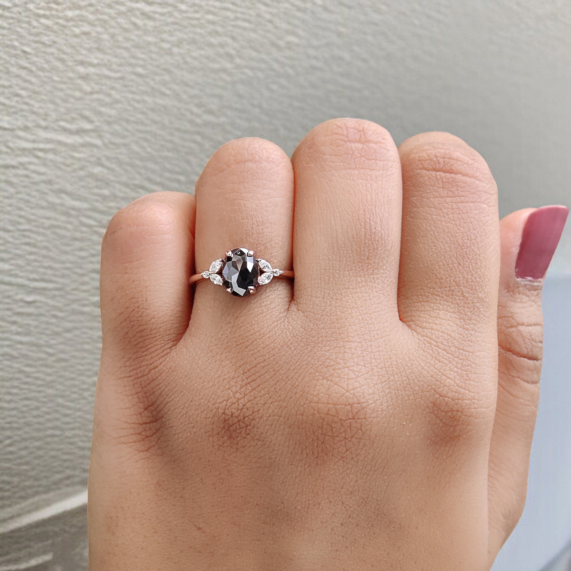 Oval Cut Salt And Pepper Diamond Ring 1.49 Ct 8.03 MM Oval Diamond Ring 14K Solid Rose Gold Silver Oval Engagement Ring Gift For Her QL2889