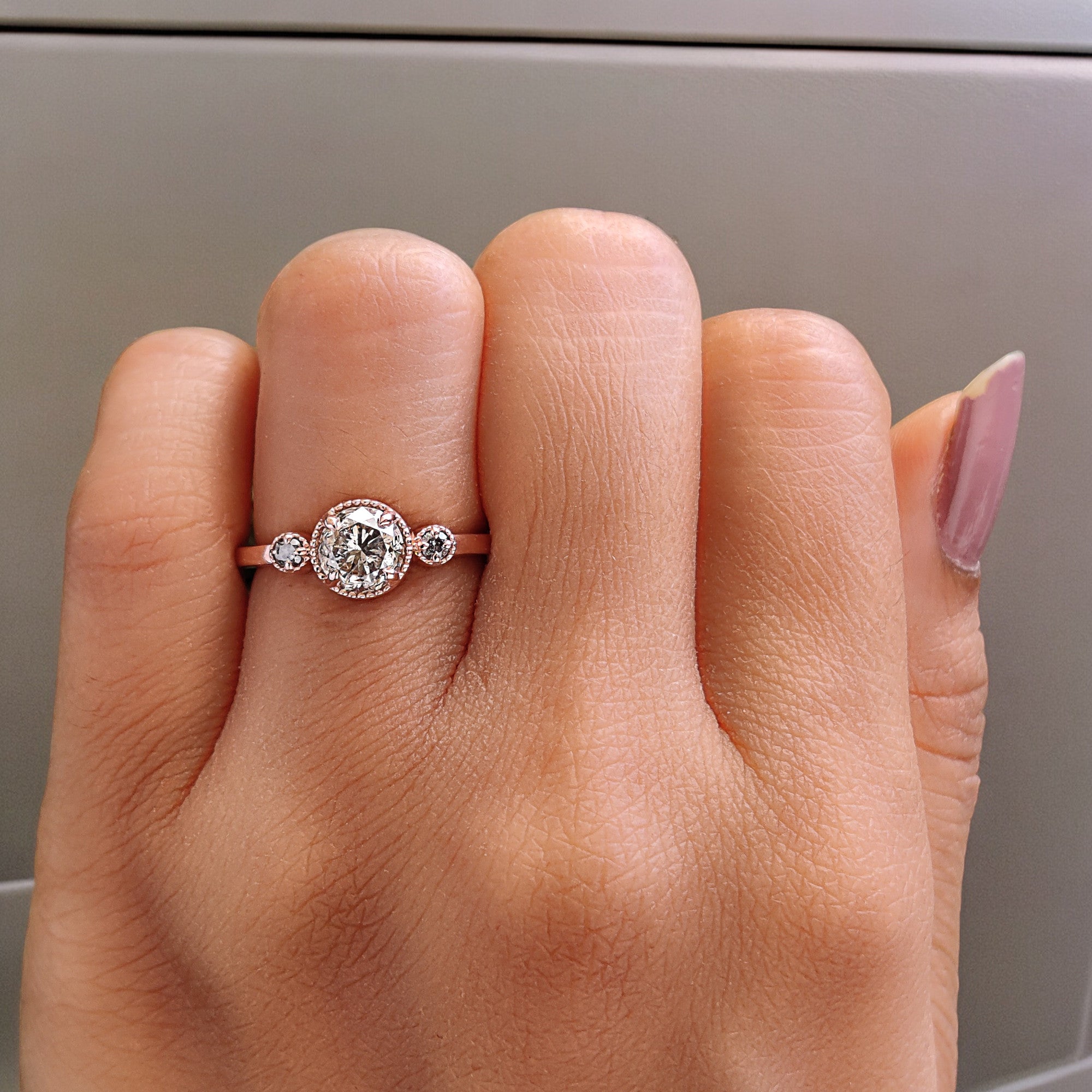Round Cut Salt And Pepper Diamond Ring 0.90 Ct 5.79 MM Round Diamond Ring 14K Solid Rose Gold Silver Engagement Ring Gift For Her QL2655