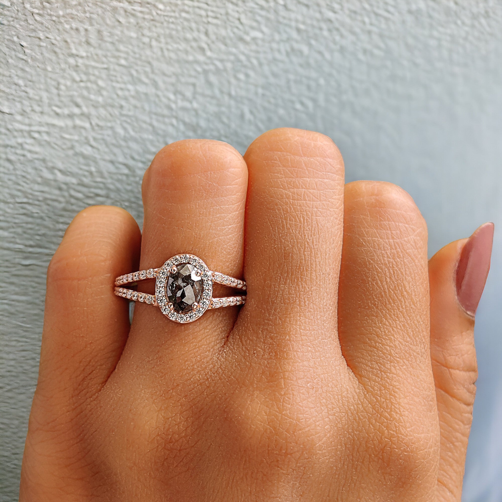 Oval Cut Salt And Pepper Diamond Ring 0.84 Ct 6.95 MM Oval Diamond Ring 14K Solid Rose Gold Silver Oval Engagement Ring Gift For Her QN829