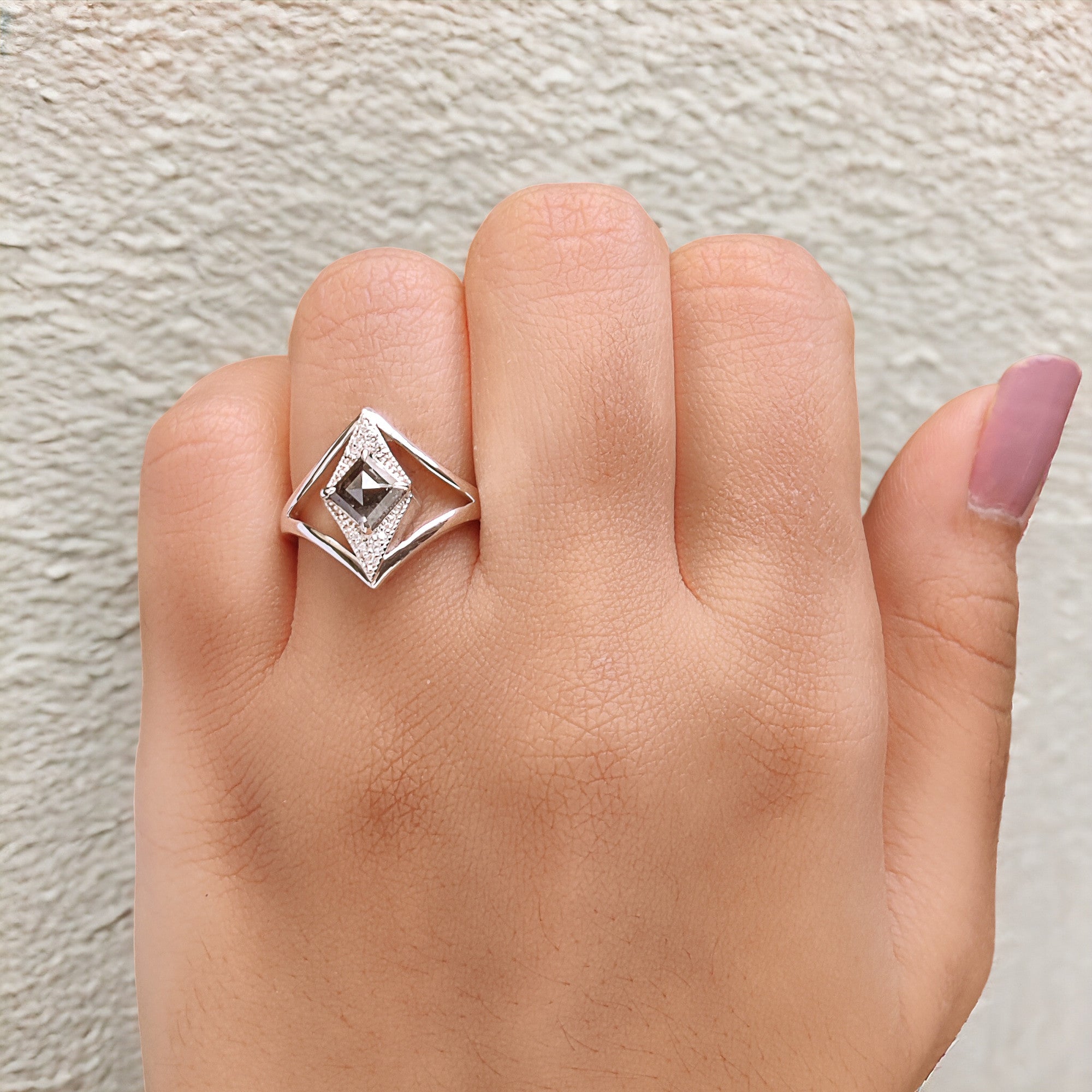 Kite Shape Salt And Pepper Diamond Ring 0.82 Ct 7.05 MM Kite Cut Diamond Ring 14K Solid White Gold Silver Engagement Ring Spilt Ring QN1650