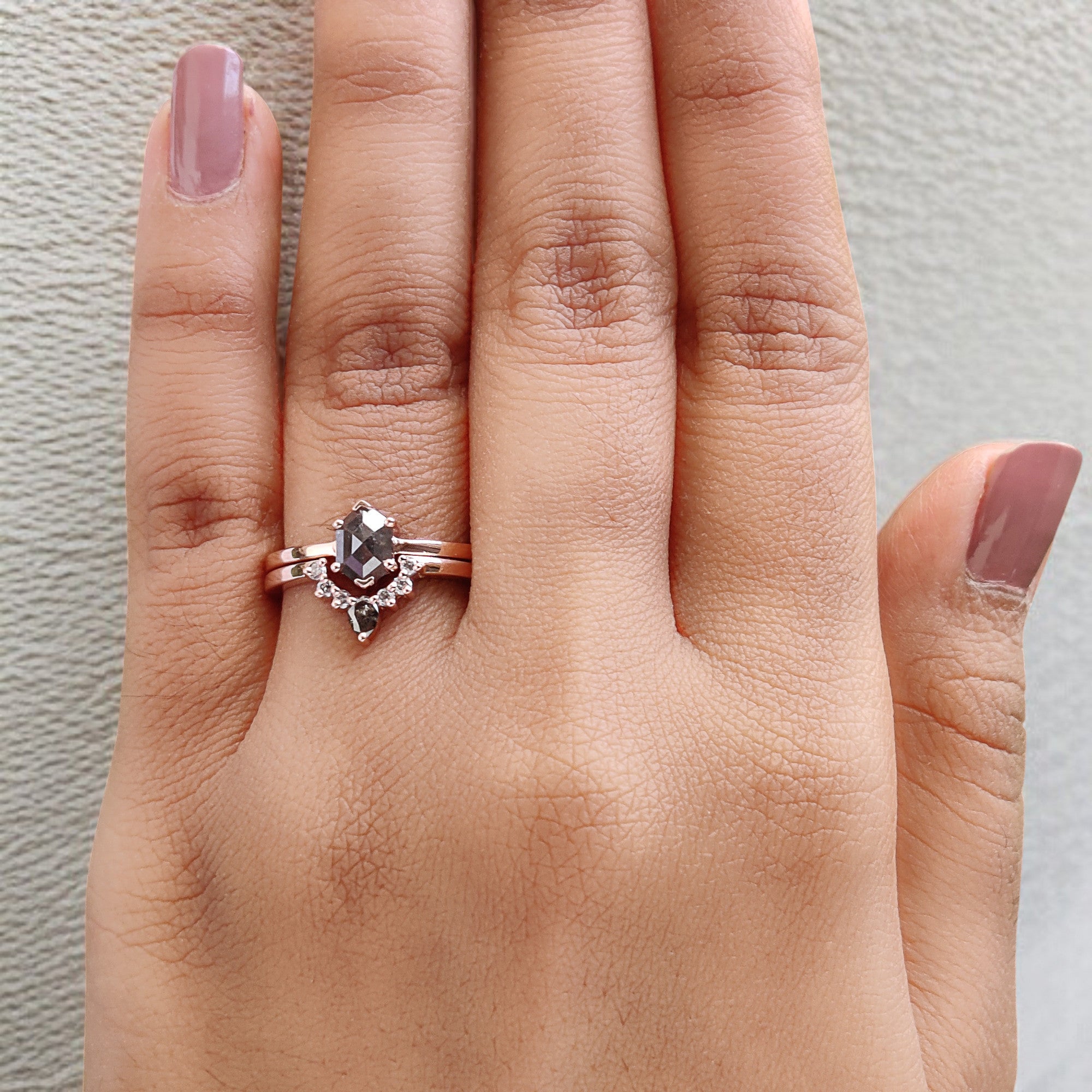 Hexagon Cut Salt And Pepper Diamond Ring 0.70 Ct 7.05 MM Hexagon Diamond Ring 14K Solid Rose Gold Silver Engagement Ring Gift For Her QL8153