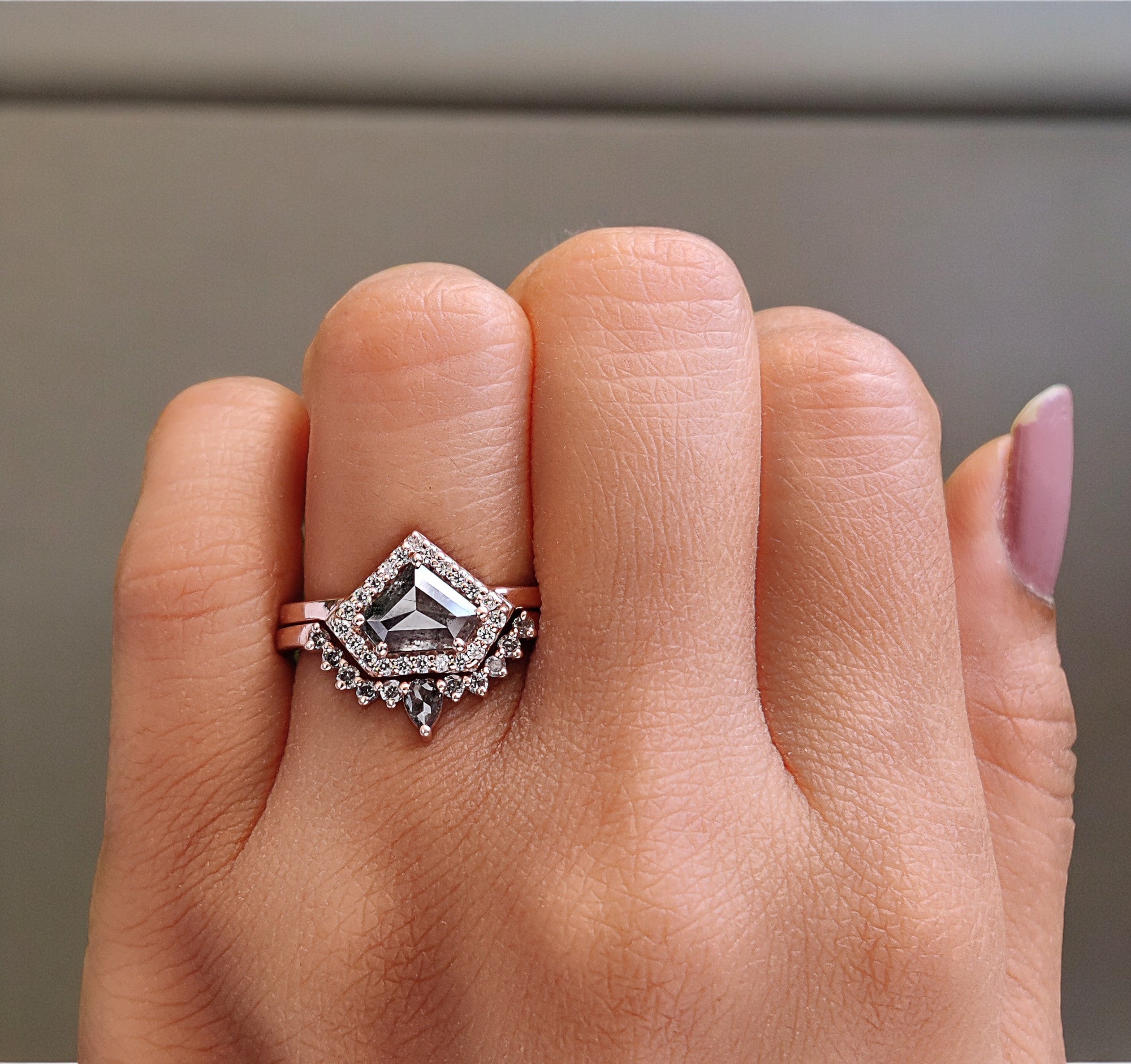 Shield Cut Salt And Pepper Diamond Ring 1.17 Ct 6.05 MM Shield Diamond Ring 14K Solid Rose Gold Silver Engagement Ring Gift For Her QL285