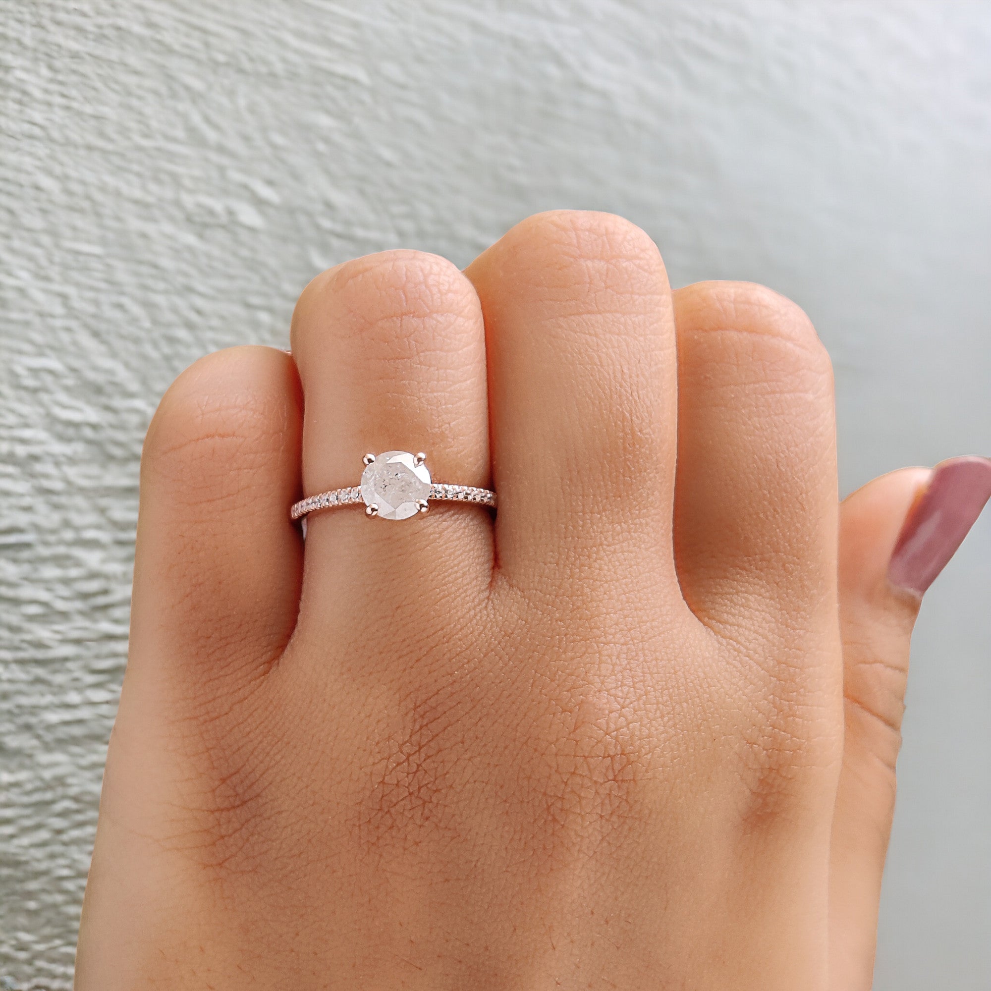 0.86 Ct Natural Round Shape Grey Color Diamond Ring 5.95 MM Round Rose Cut Diamond Ring 14K Solid Rose Gold Silver Engagement Ring QN1062