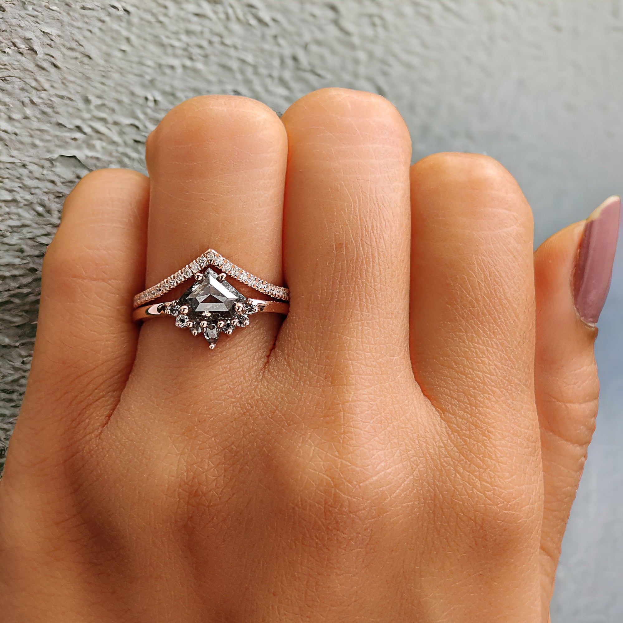 Shield Cut Salt And Pepper Diamond Ring 0.89 Ct 5.80 MM Shield Diamond Ring 14K Solid Rose Gold Silver Engagement Ring Gift For Her QN1226