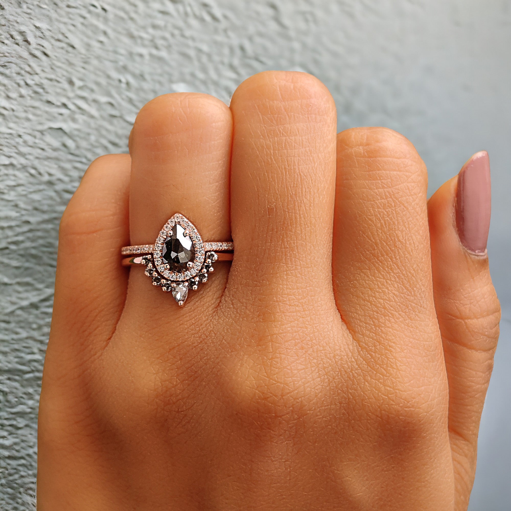 Pear Cut Salt And Pepper Diamond Ring 0.73 Ct 7.10 MM Pear Shape Diamond Ring 14K Solid Rose Gold Silver Engagement Ring Gift For Her QL1025