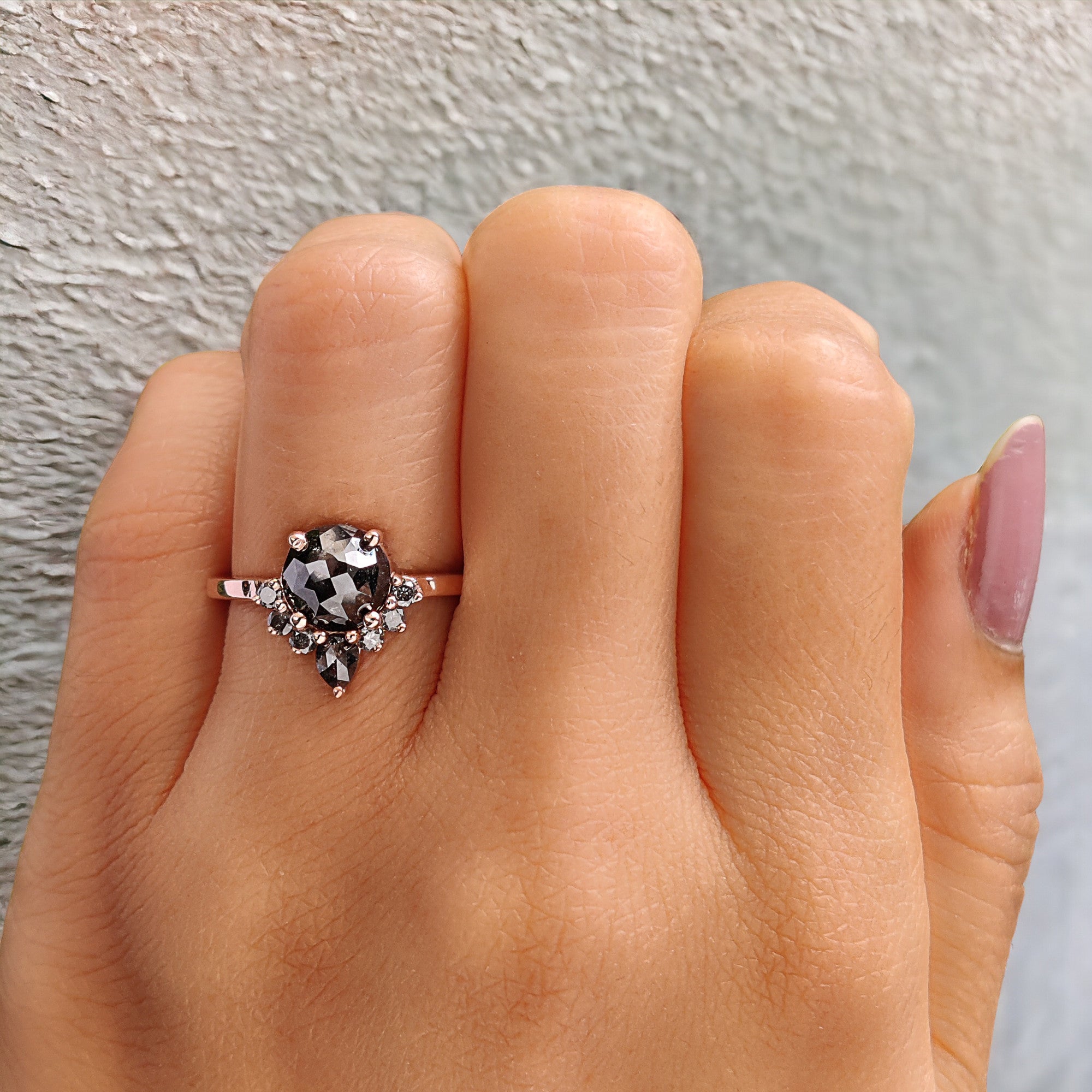 Round Rose Cut Salt And Pepper Diamond Ring 1.47 Ct 7.00 MM Rose Diamond Ring 14K Solid Rose Gold Silver Engagement Ring Gift For Her QL1206