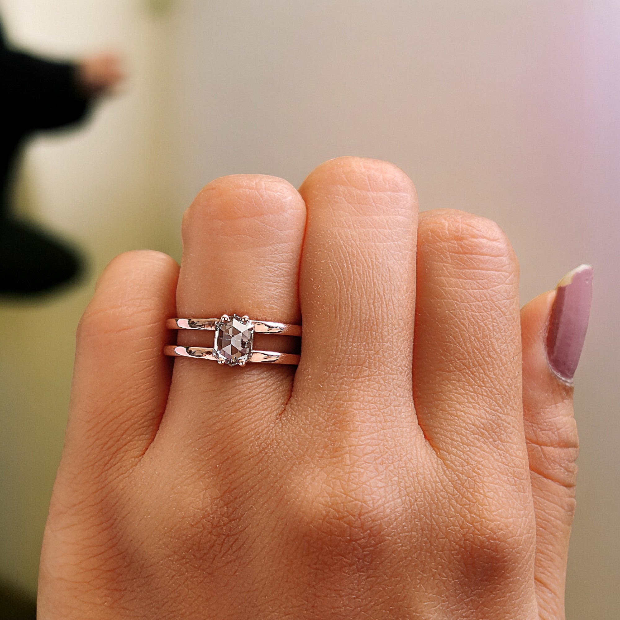 Hexagon Cut Salt And Pepper Diamond Ring 1.03 Ct 6.70 MM Hexagon Diamond Ring 14K Rose Gold Silver Engagement Ring Gift For Her QL2682