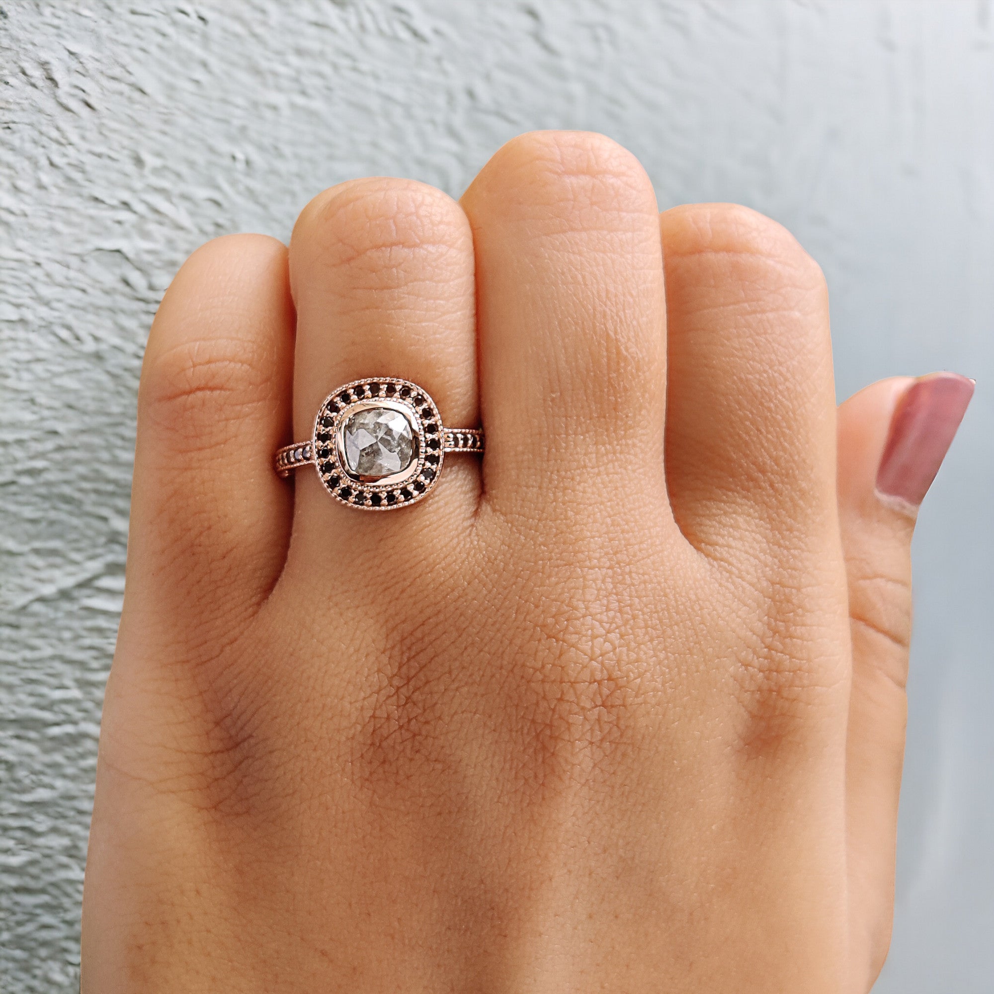 Cushion Cut Grey Color Diamond Ring 1.17 Ct 5.80 MM Cushion Diamond Ring 14K Solid Rose Gold Silver Engagement Ring Gift For Her QL6180