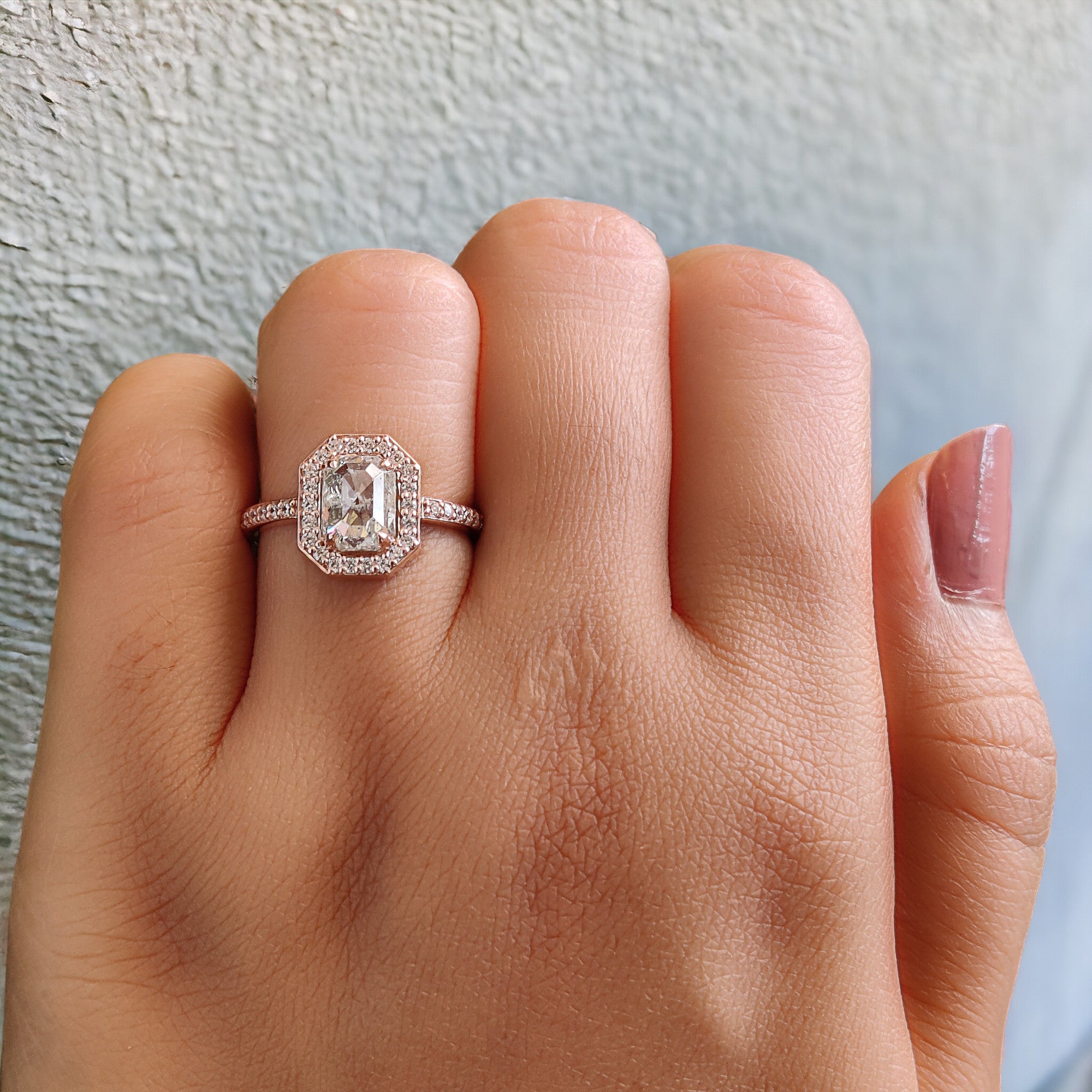 Emerald Cut Salt And Pepper Diamond Ring 1.57 Ct 7.28 MM Emerald Diamond Ring 14K Solid Rose Gold Silver Engagement Ring Gift For Her QL2584