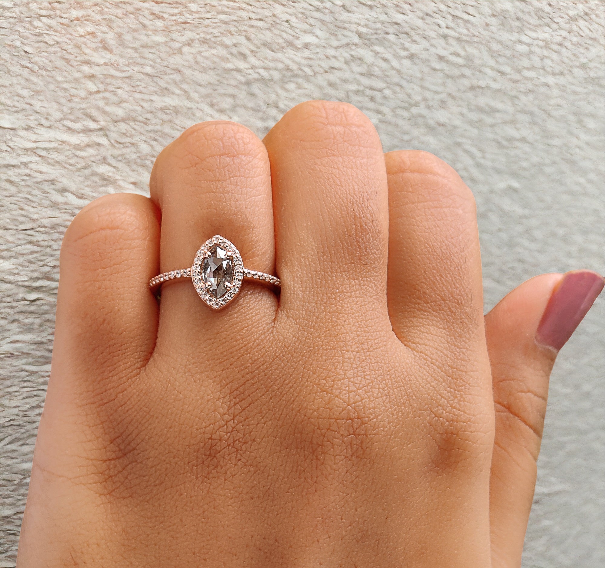 Marquise Salt And Pepper Diamond Ring 0.54 Ct 7.80 MM Marquise Diamond Ring 14K Solid Rose Gold Silver Engagement Ring Gift For Her QL348