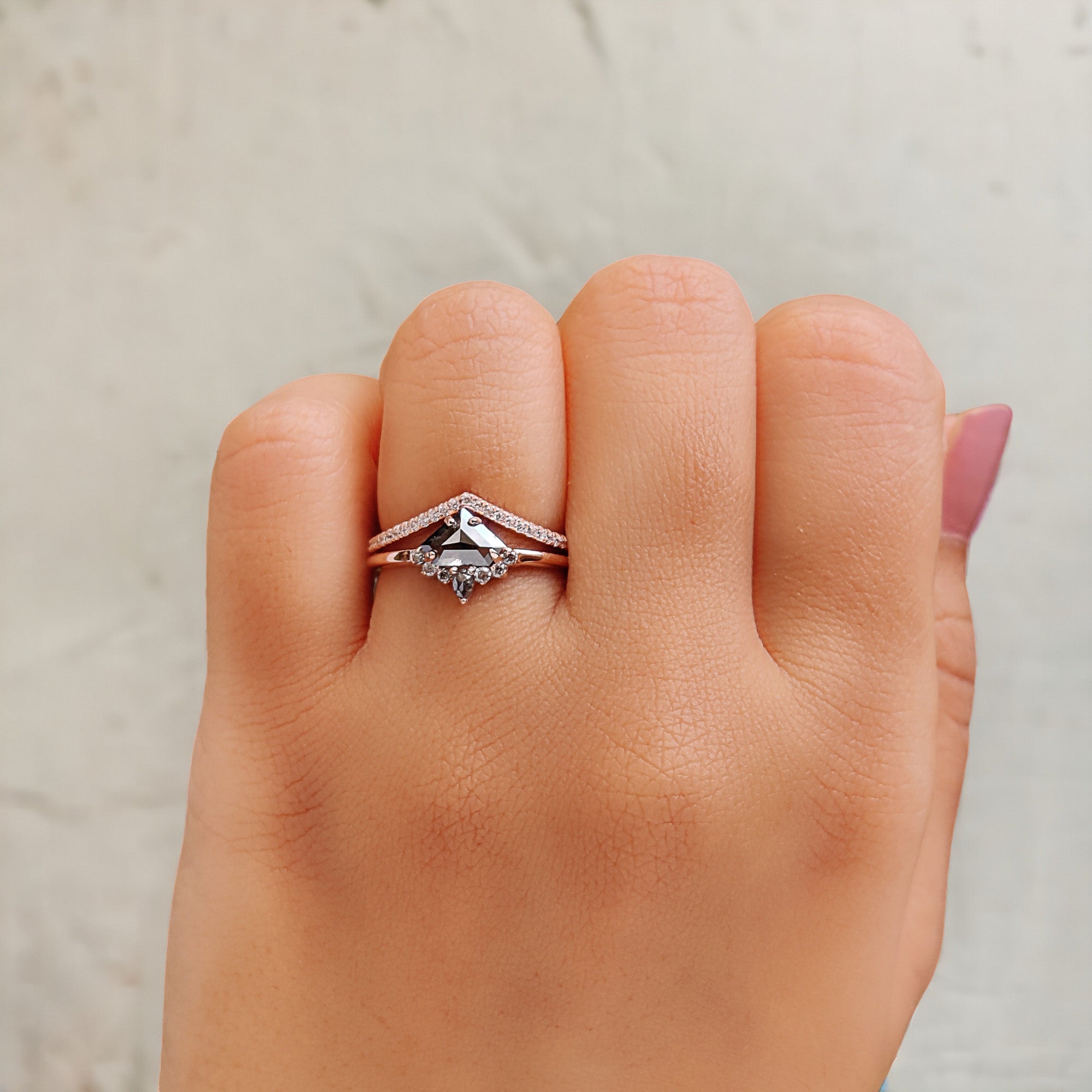 Shield Cut Salt And Pepper Diamond Ring 0.66 Ct 5.20 MM Shield Diamond Ring 14K Solid Rose Gold Silver Engagement Ring Gift For Her QN1177