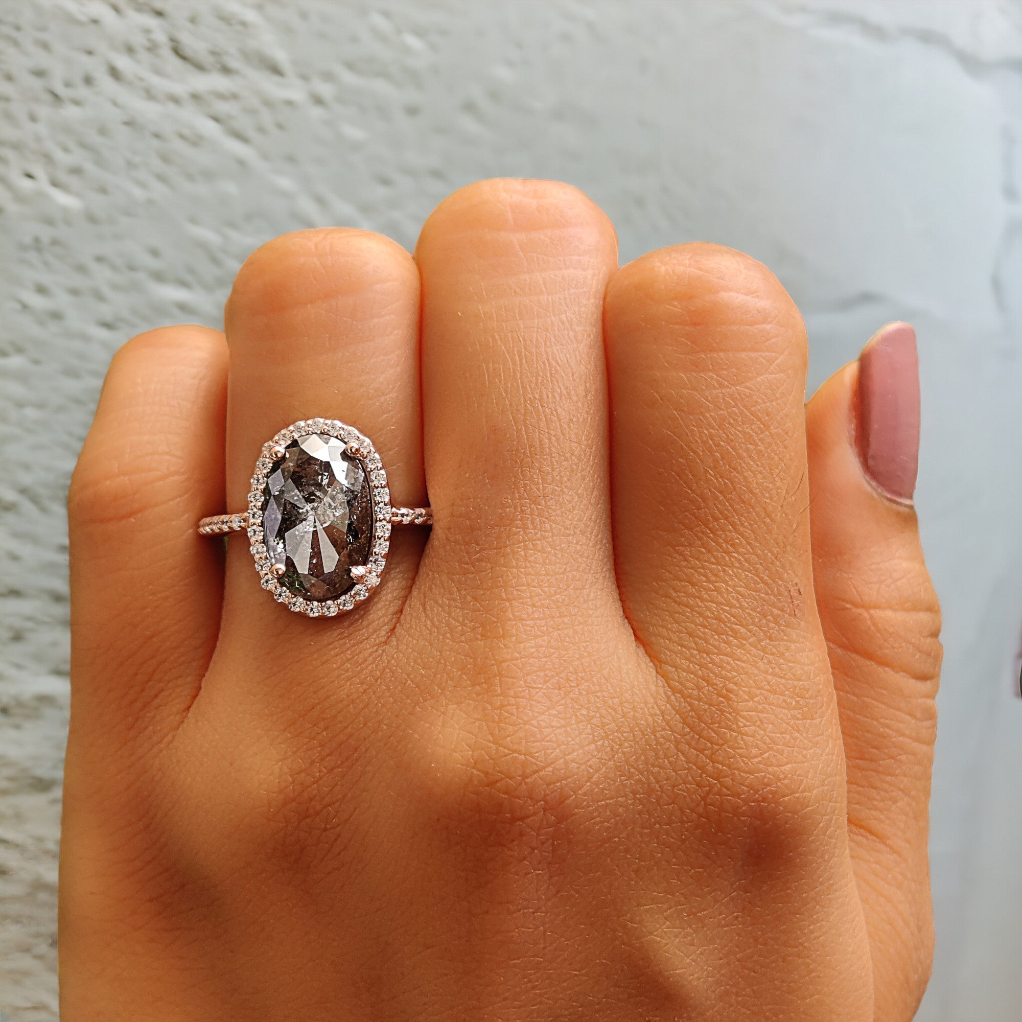 Oval Cut Salt And Pepper Diamond Ring 4.30 Ct 12.72 MM Oval Diamond Ring 14K Solid Rose Gold Silver Engagement Ring Gift For Her KDL2429