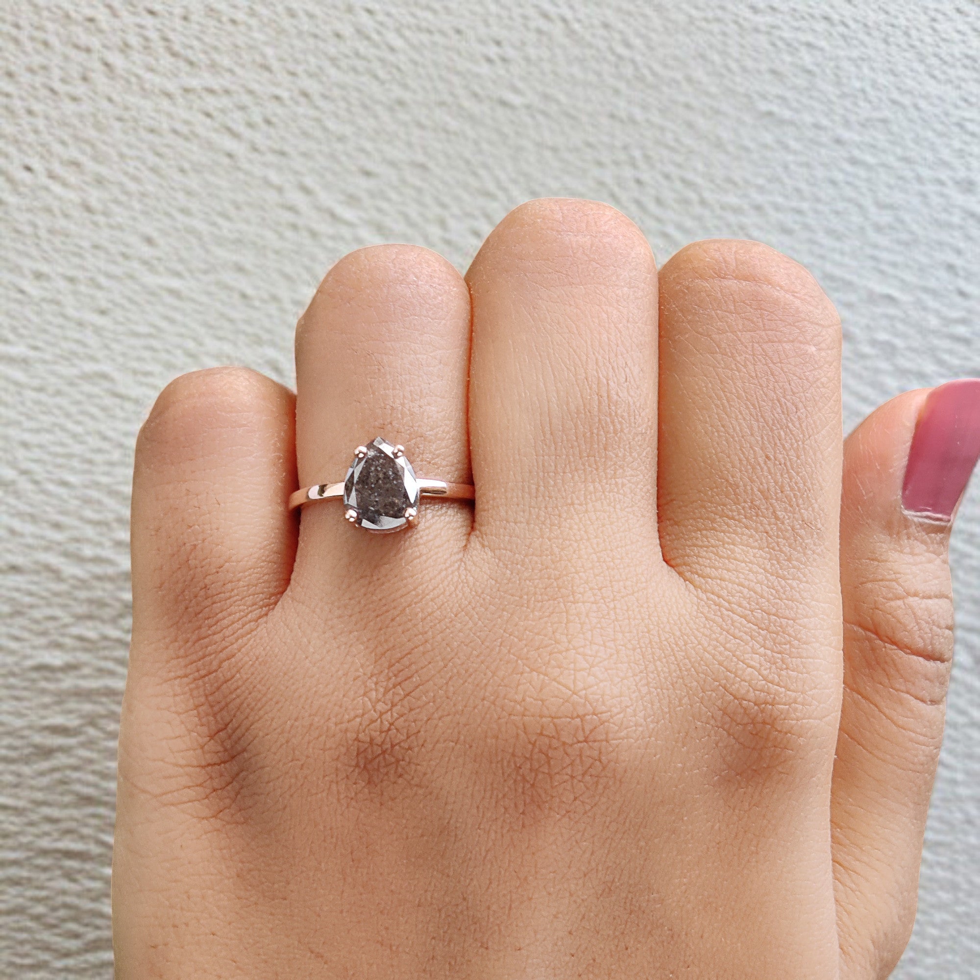 Pear Cut Salt And Pepper Diamond Ring 1.58 Ct 8.45 MM Pear Diamond Ring 14K Solid Rose Gold Silver Engagement Pear Ring Gift For Her QL1666