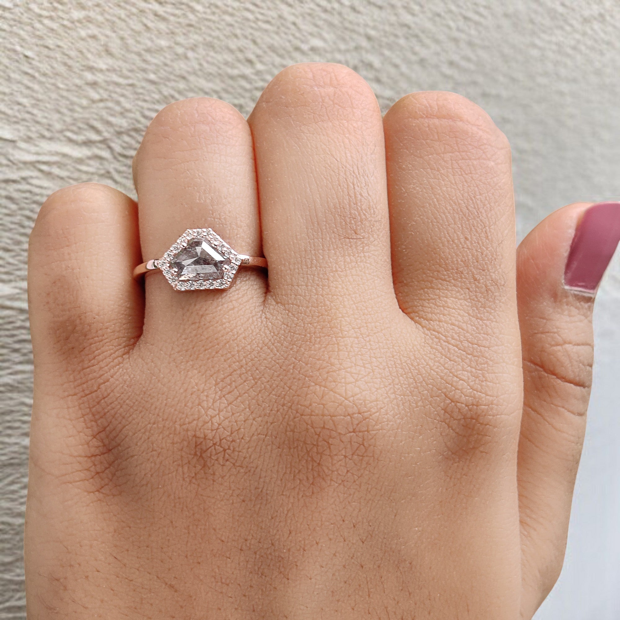 Shield Cut Salt And Pepper Diamond Ring 1.09 Ct 5.45 MM Shield Diamond Ring 14K Solid Rose Gold Silver Engagement Ring Gift For Her QL253