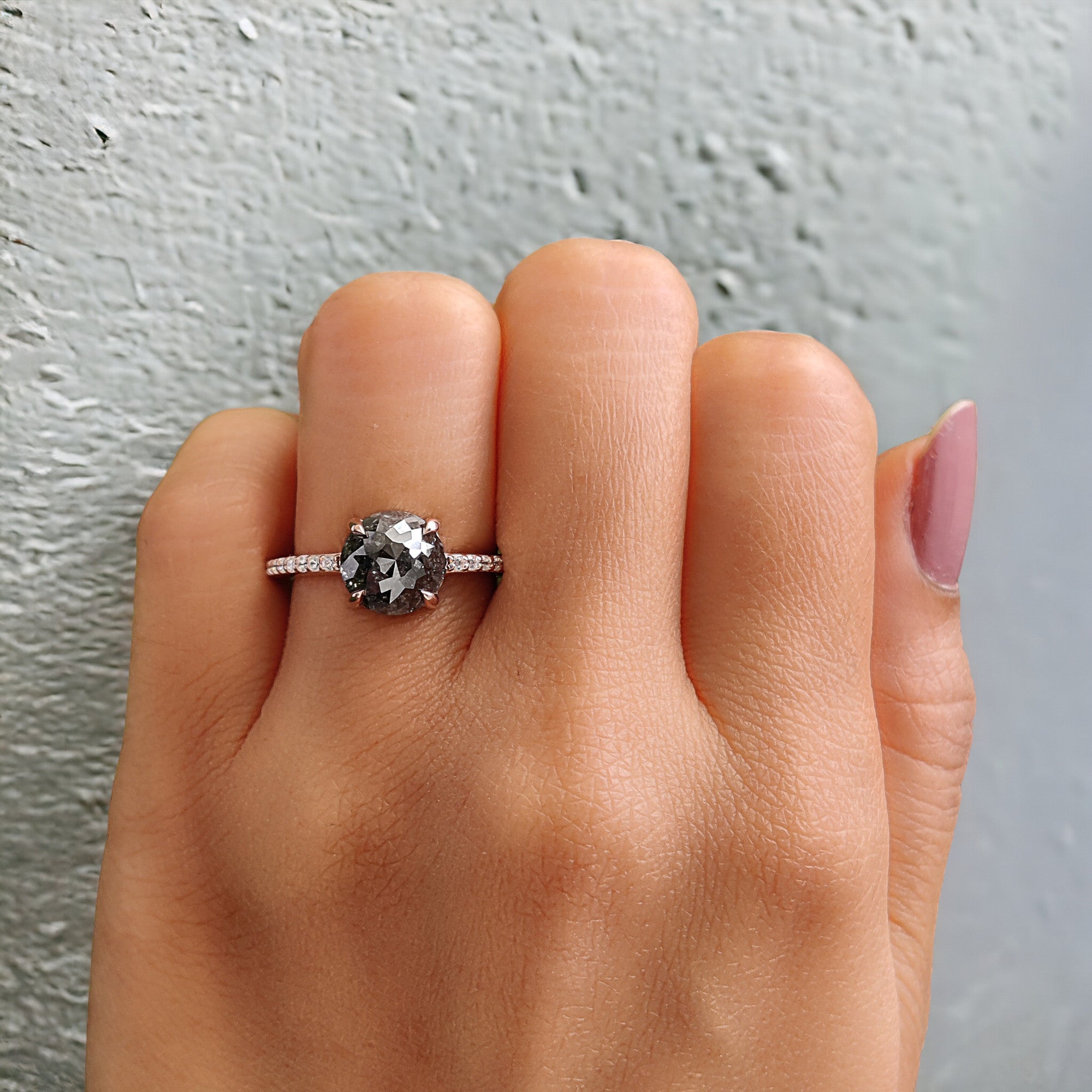 Round Rose Cut Salt And Pepper Diamond Ring 2.49 Ct 8.15 MM Round Diamond Ring 14K Rose Gold Silver Engagement Ring Gift For Her QL202