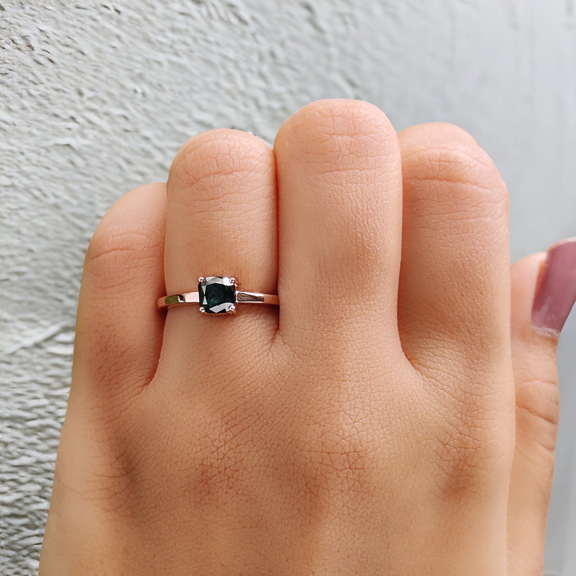 Cushion Shape Blue Color Diamond Ring 0.87 Ct 5.00 MM Cushion Diamond Ring 14K Solid Rose Gold Silver Engagement Ring Gift For Her QN9848