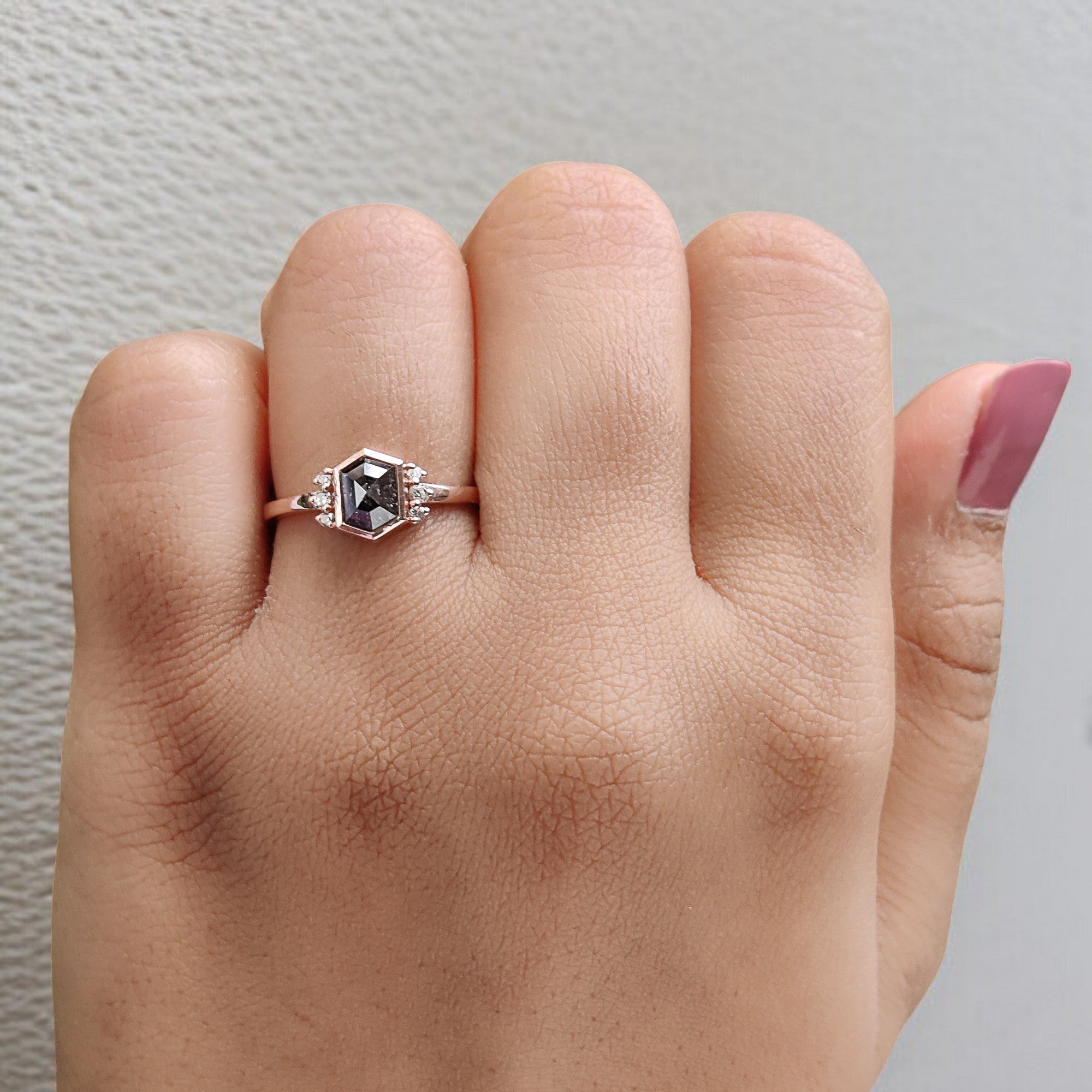 Hexagon Cut Salt And Pepper Diamond Ring 0.83 Ct 6.50 MM Hexagon Cut Diamond Ring 14K Rose Gold Silver Engagement Ring Gift For Her QL1503