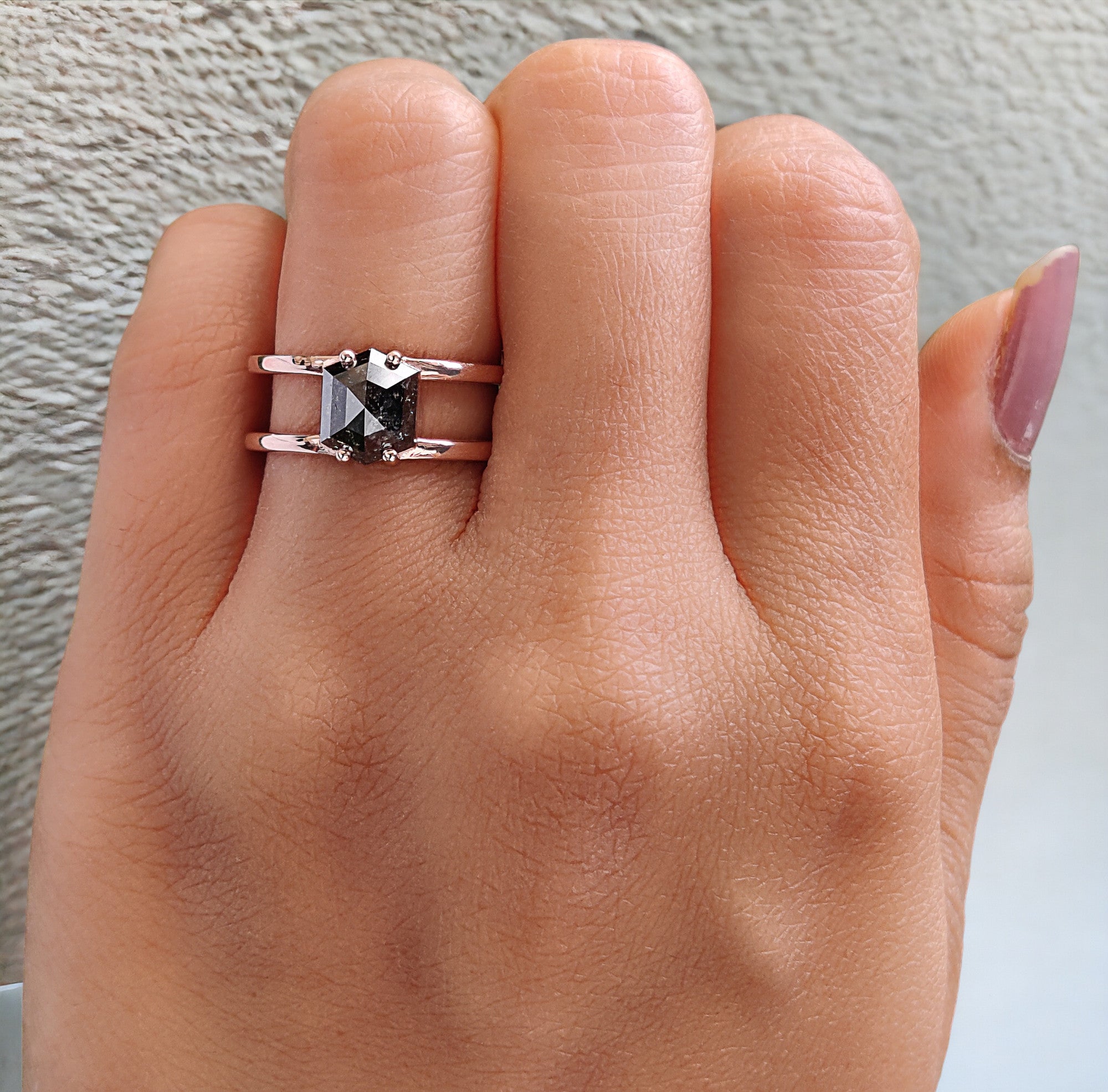 Hexagon Cut Salt And Pepper Diamond Ring 1.93 Ct 7.95 MM Hexagon Diamond Ring 14K Solid Rose Gold Silver Engagement Ring Gift For Her QL2264