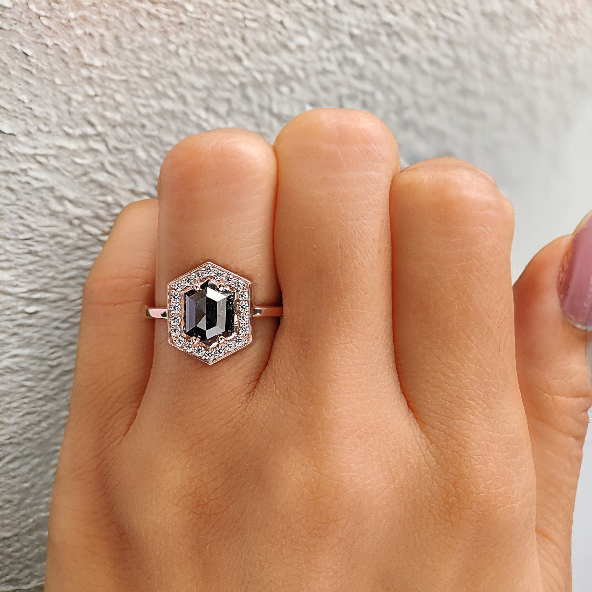 Hexagon Cut Salt And Pepper Diamond Ring 1.55 Ct 8.00 MM Hexagon Diamond Ring 14K Solid Rose Gold Silver Engagement Ring Gift For Her QL734