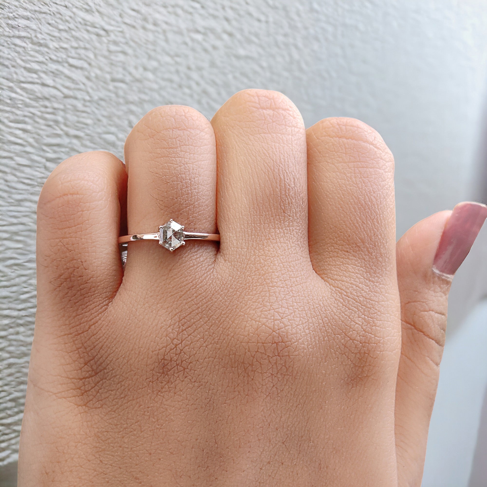 Hexagon Cut Salt And Pepper Diamond Ring 0.54 Ct 5.55 MM Hexagon Diamond Ring 14K Solid Rose Gold Silver Engagement Ring Gift For Her QN642