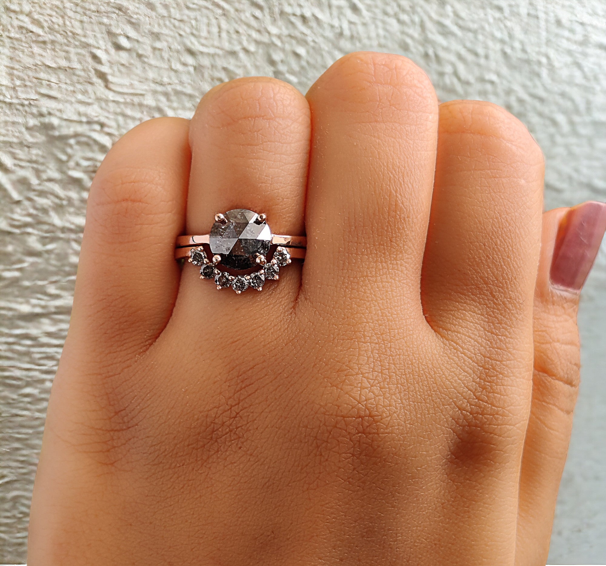 Round Rose Cut Salt And Pepper Diamond Ring 1.80 Ct 8.10 MM Round Diamond Ring 14K Rose Gold Silver Engagement Ring Gift For Her QL1536