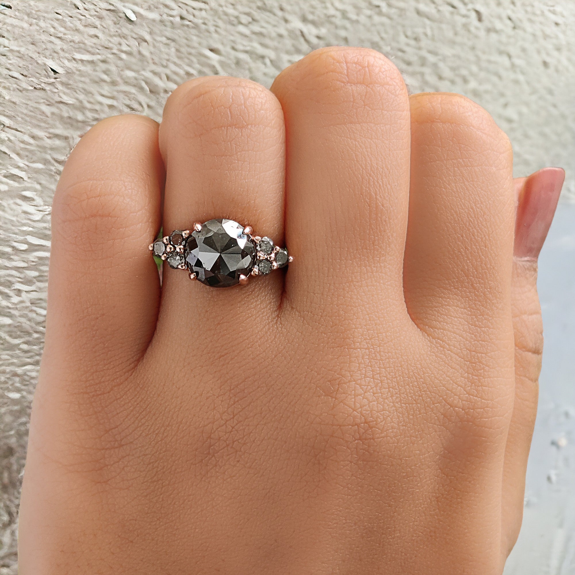 Round Rose Cut Salt And Pepper Diamond Ring 2.69 Ct 9.00 MM Round Diamond Ring 14K Rose Gold Silver Engagement Ring Gift For Her QL180