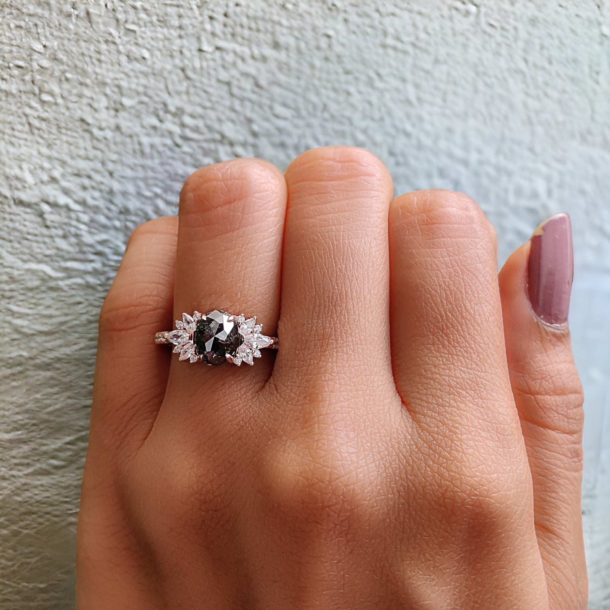 Oval Cut Salt And Pepper Diamond Ring 1.18 Ct 7.45 MM Oval Diamond Ring 14K Solid Rose Gold Silver Oval Engagement Ring Gift For Her QL2273