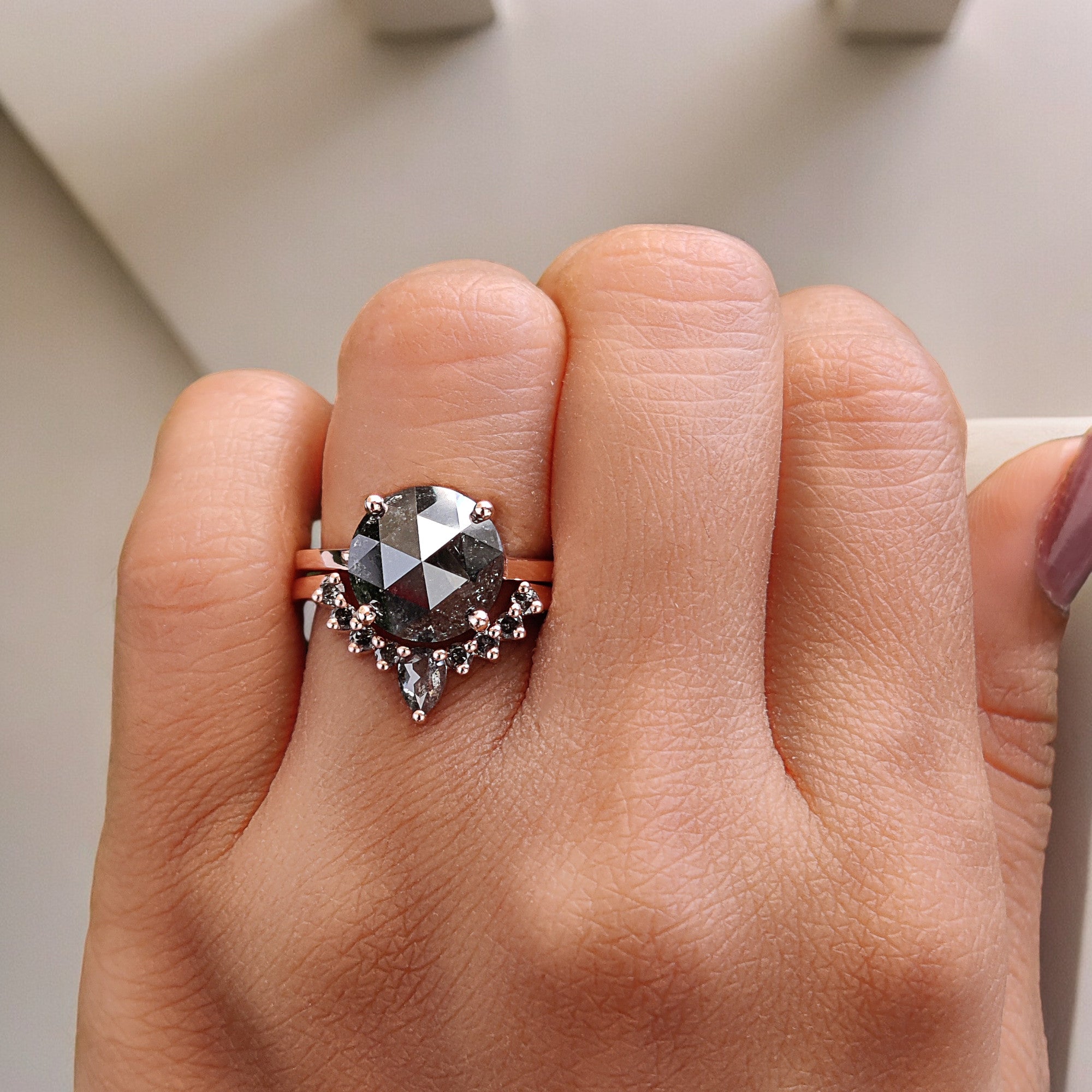 Round Rose Cut Salt And Pepper Diamond Ring 5.10 Ct 10.30 MM Round Diamond Ring 14K Solid Rose Gold Silver Engagement Ring Gift For Her QL093