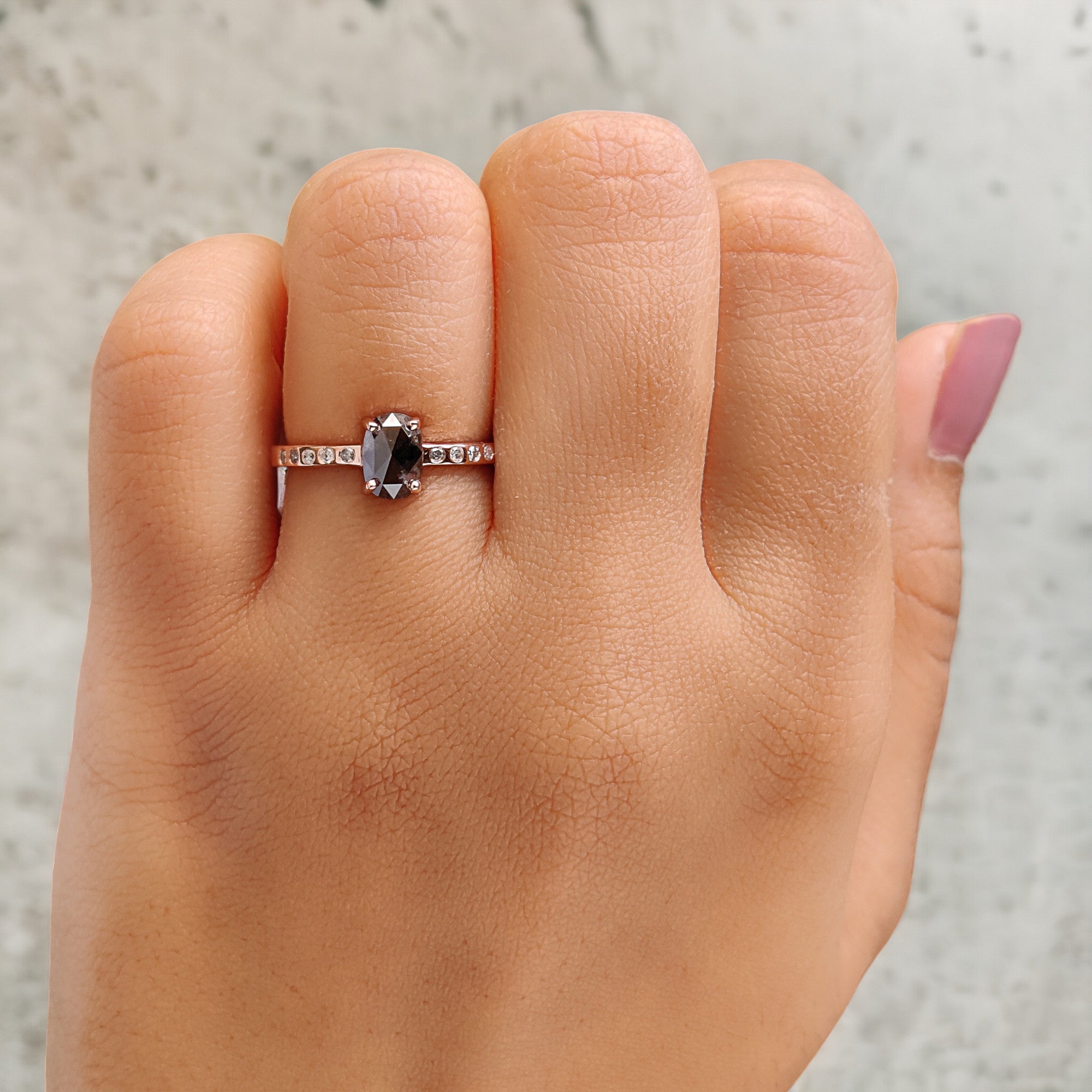 Oval Cut Salt And Pepper Diamond Ring 0.82 Ct 6.70 MM Oval Diamond Ring 14K Solid Rose Gold Silver Oval Engagement Ring Gift For Her QK1066