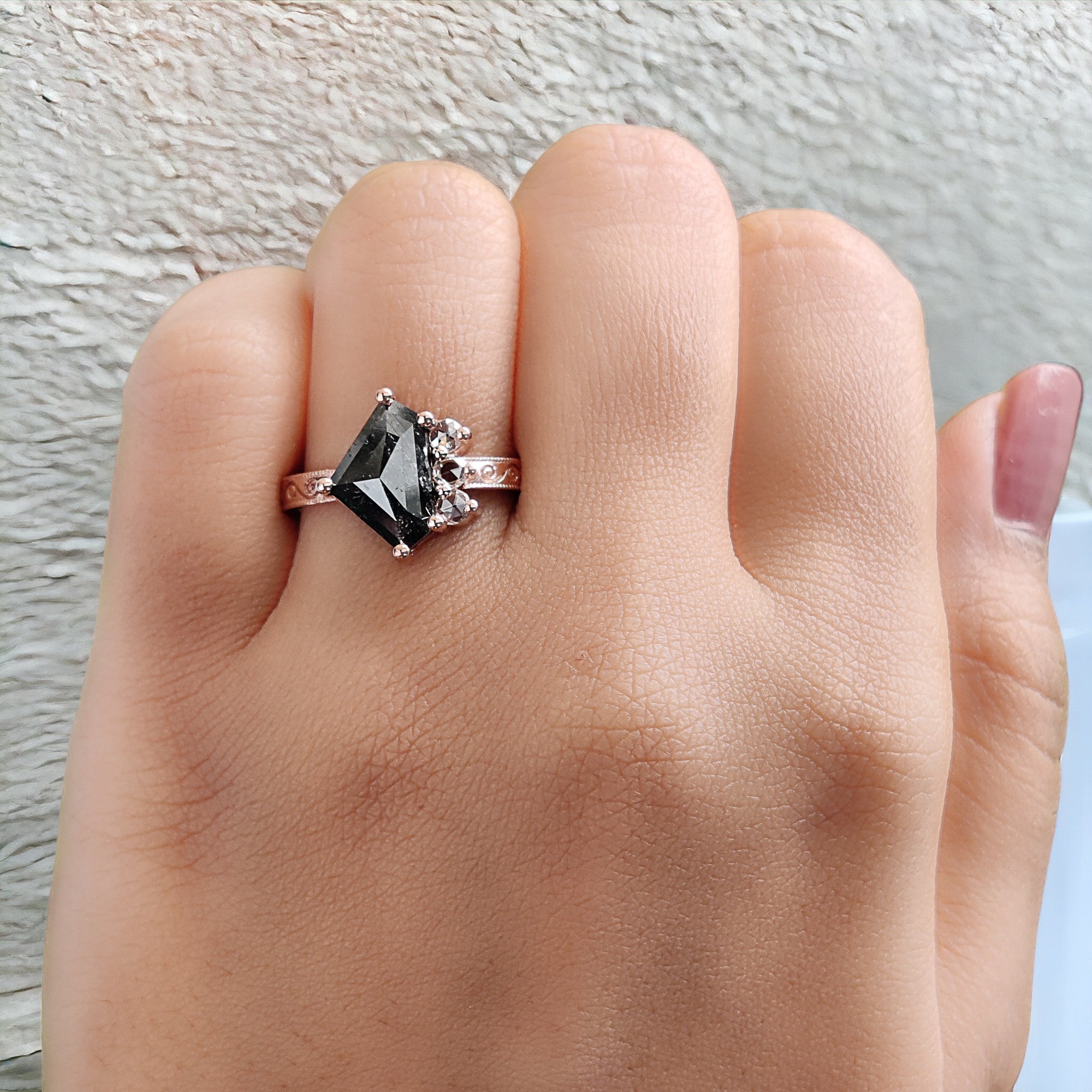 Shield Cut Salt And Pepper Diamond Ring 2.85 Ct 7.80 MM Shield Diamond Ring 14K Solid Rose Gold Silver Engagement Ring Gift For Her QL8767