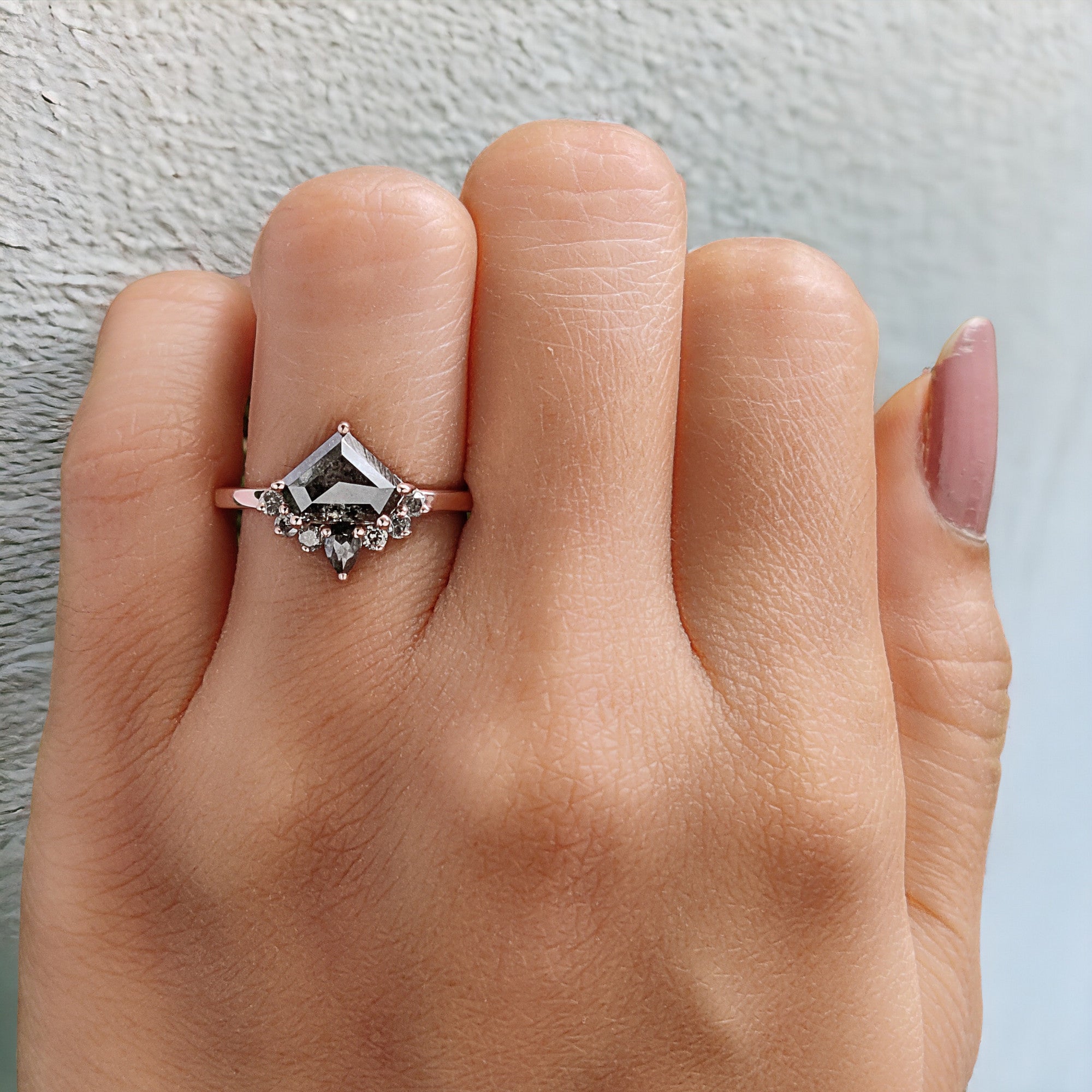 Shield Salt And Pepper Diamond Ring 1.31 Ct 6.50 MM Shield Shape Diamond Ring 14K Solid Rose Gold Silver Engagement Ring Gift For Her QL254