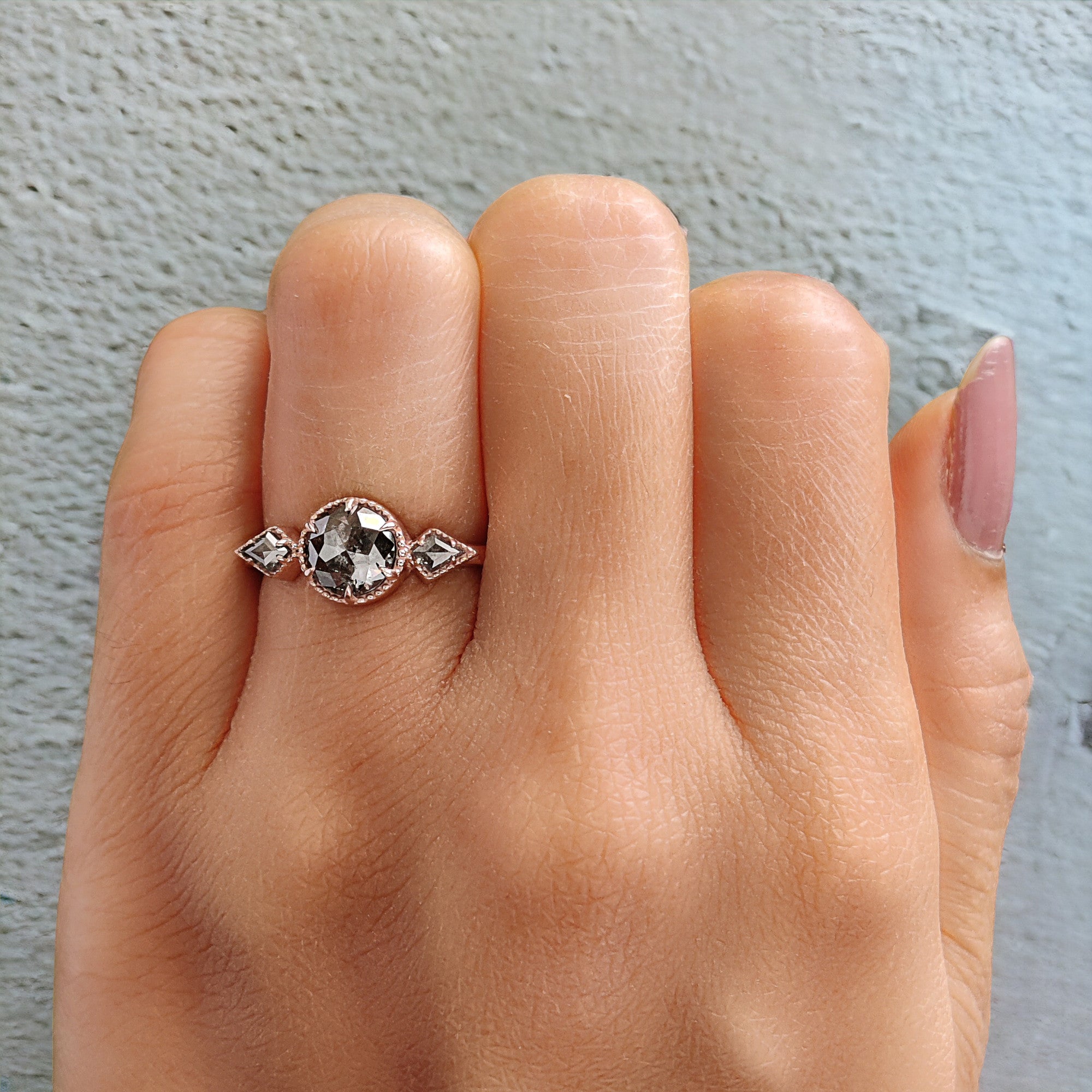 Round Rose Cut Salt And Pepper Diamond Ring 1.08 Ct 6.35 MM Round Diamond Ring 14K Rose Gold Silver Engagement Ring Gift For Her QL1402