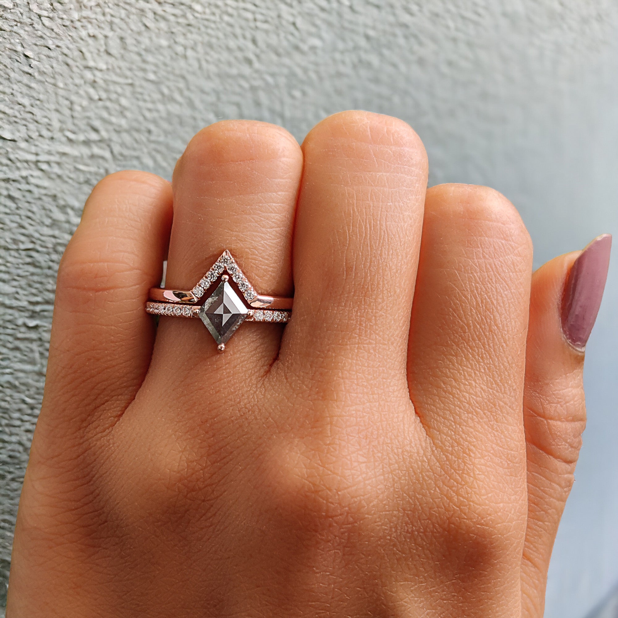 Kite Cut Salt And Pepper Diamond Ring 0.97 Ct 8.45 MM Kite Diamond Ring 14K Solid Rose Gold Silver Kite Engagement Ring Gift For Her QL3065