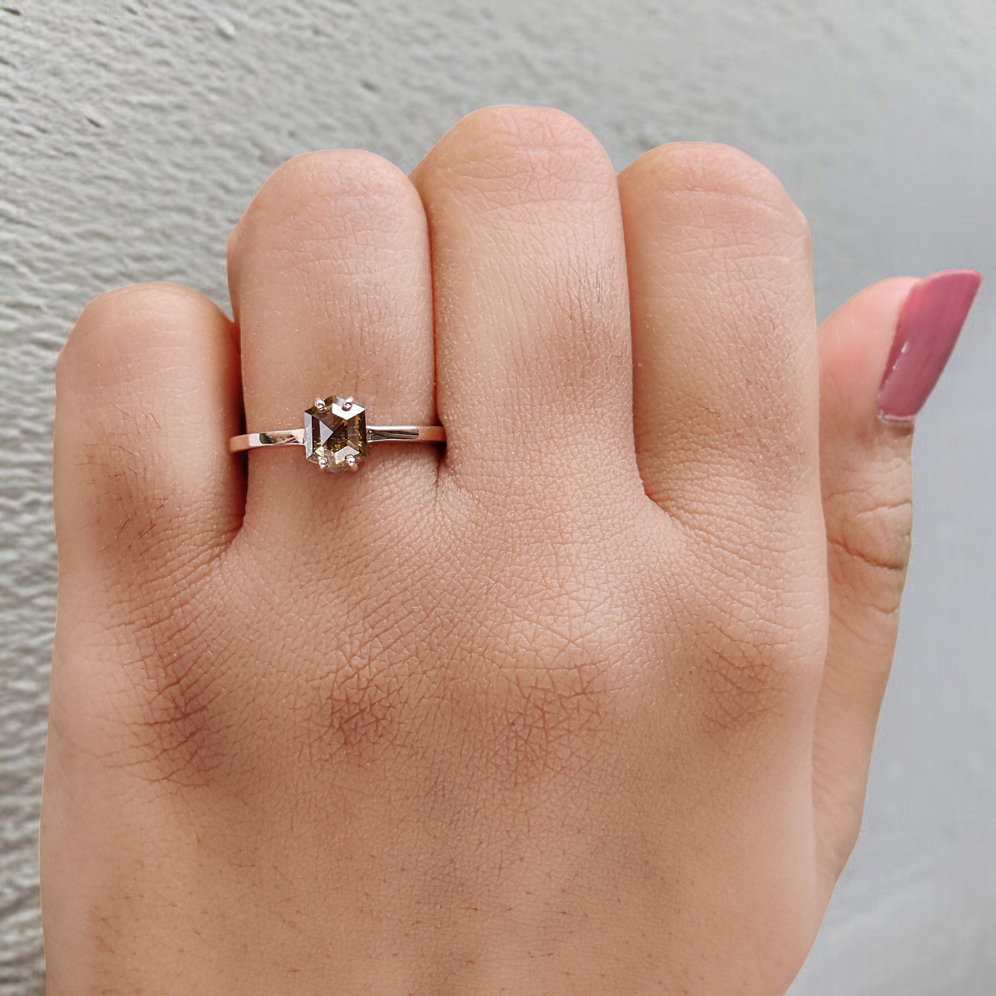 Hexagon Cut Green Color Diamond Ring 0.90 Ct 6.50 MM Hexagon Shape Diamond Ring 14K Rose Gold Silver Engagement Ring Gift For Her QL1070