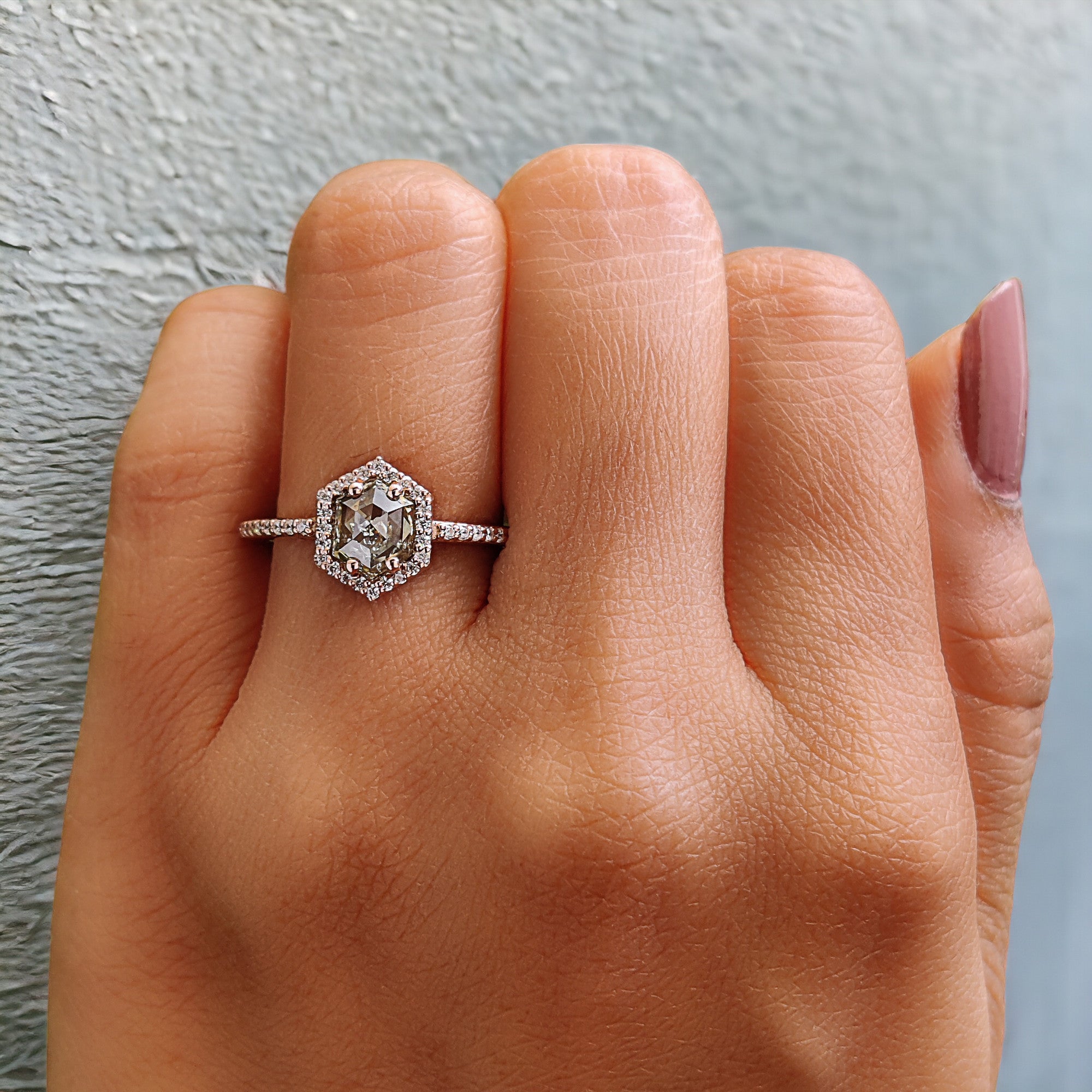 Hexagon Cut Salt And Pepper Diamond Ring 0.87 Ct 6.69 MM Hexagon Cut Diamond Ring 14K Rose Gold Silver Engagement Ring Gift For Her QL2604