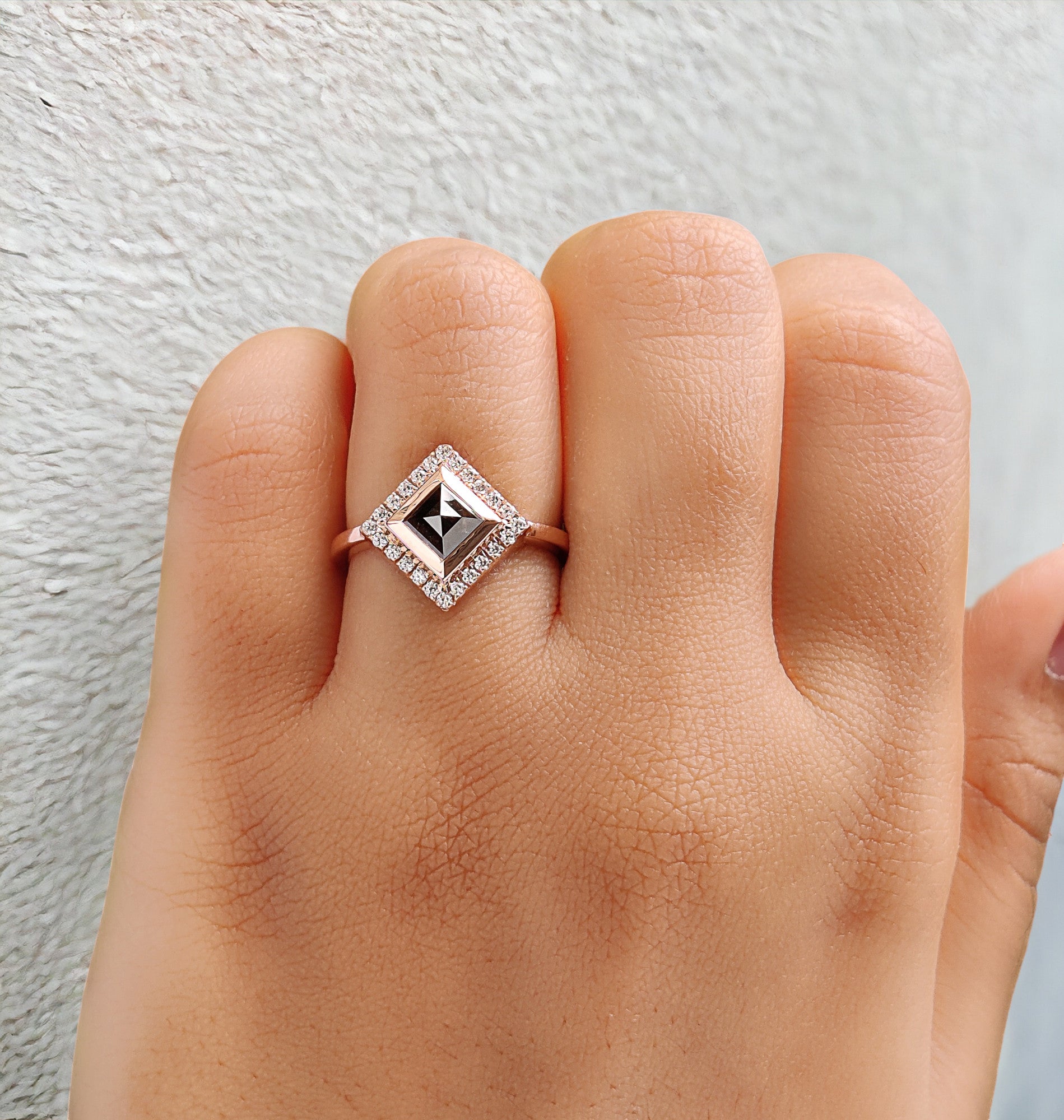 Kite Cut Salt And Pepper Diamond Ring 0.94 Ct 7.50 MM Kite Diamond Ring 14K Solid Rose Gold Silver Kite Engagement Ring Gift For Her QN489