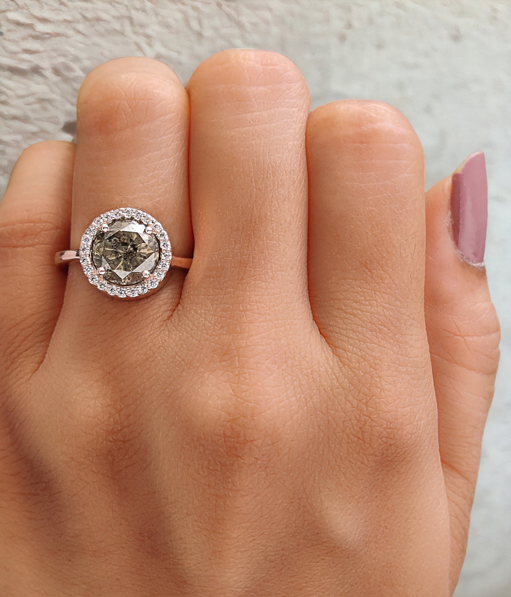 Round Cut Salt And Pepper Diamond Ring 2.43 Ct 8.20 MM Round Diamond Ring 14K Solid Rose Gold Silver Engagement Ring Gift For Her QL8553