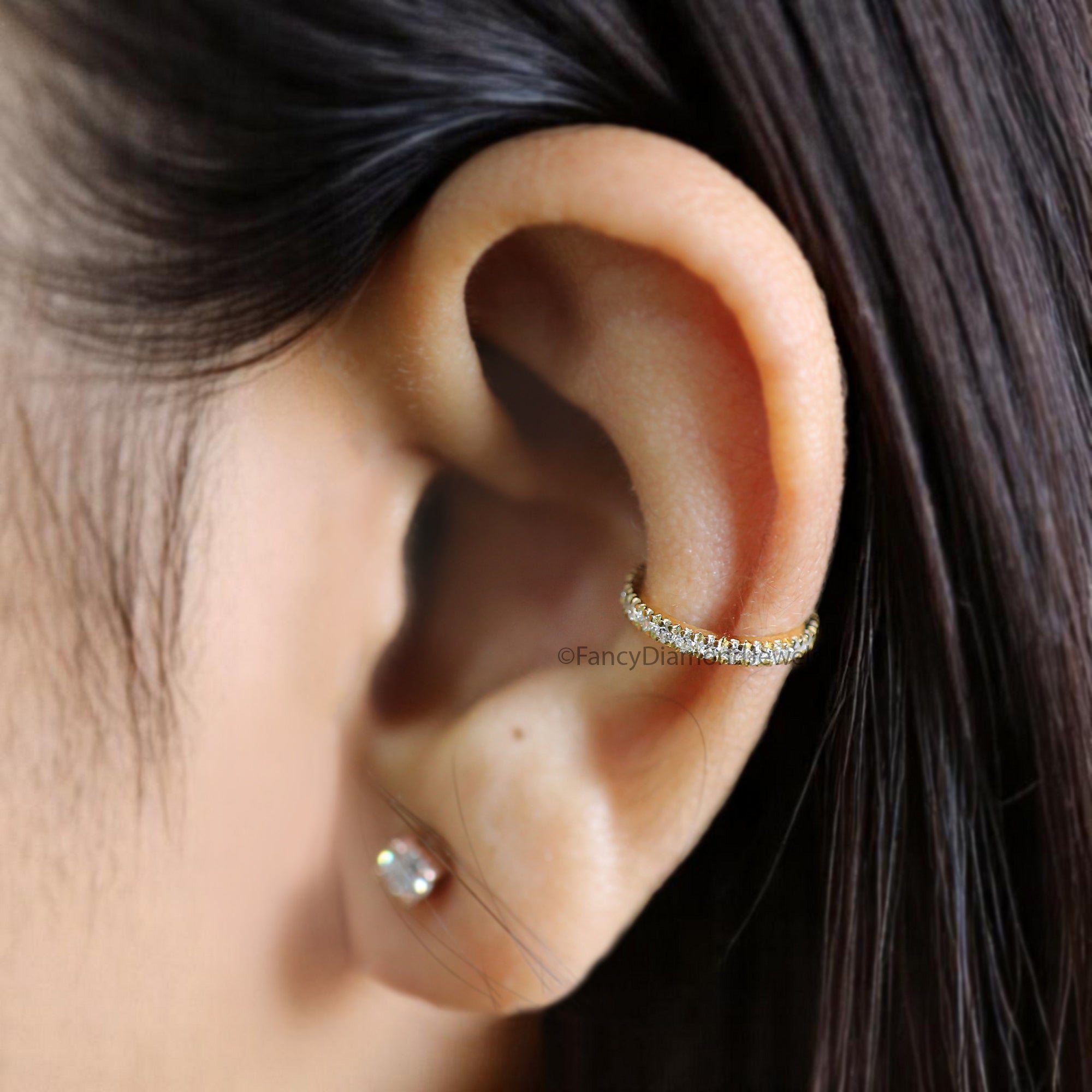 Round Brilliant Cut Colorless Moissanite Diamond Ear Cuff Dainty Ear Cuff Halo Set Sterling Silver Helix Piercing Yellow Gold Ear Wrap FD366