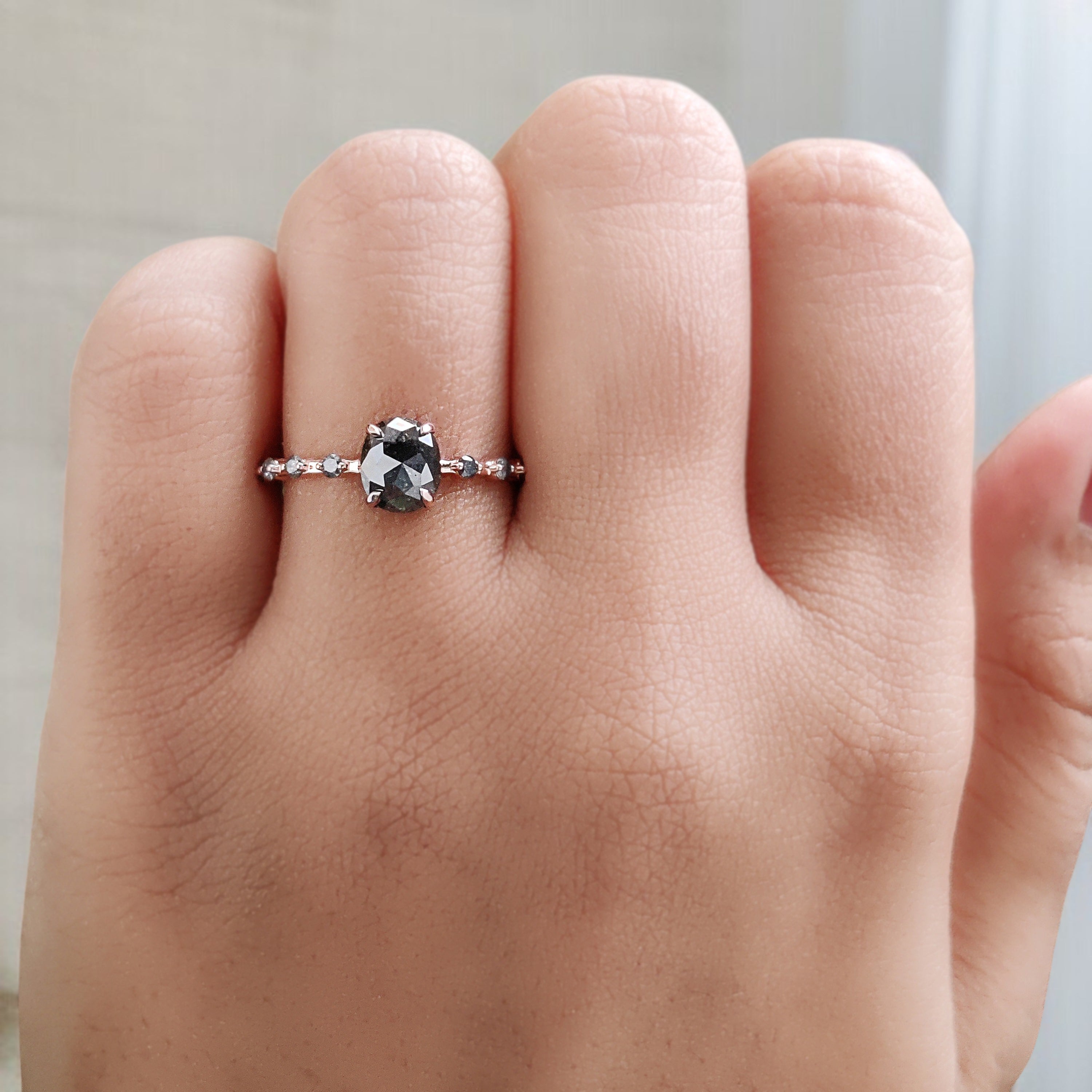 Oval Cut Salt And Pepper Diamond Ring 1.12 Ct 6.58 MM Oval Diamond Ring 14K Solid Rose Gold Silver Oval Engagement Ring Gift For Her QN2360