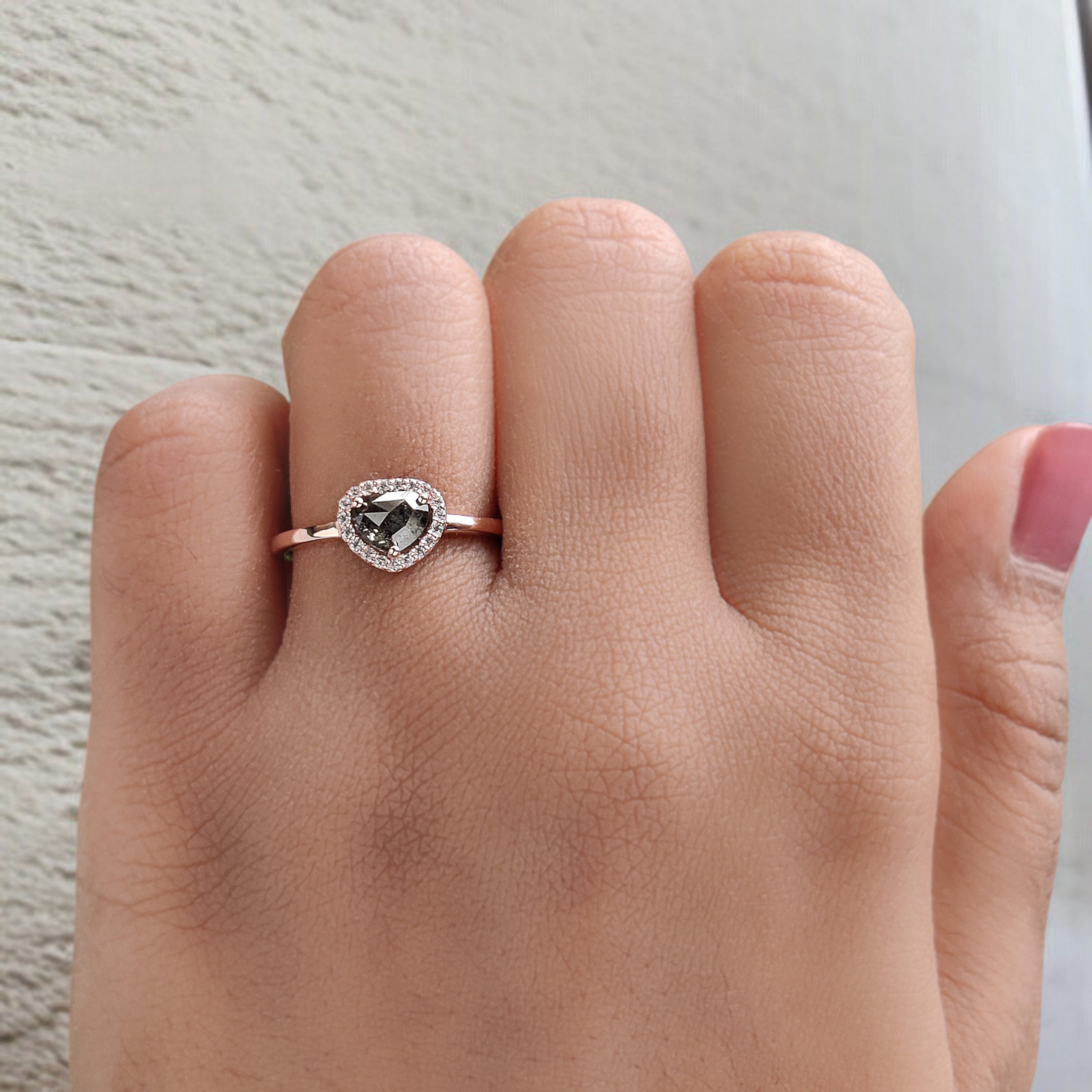 Heart Salt And Pepper Diamond Ring 0.74 Ct 5.90 MM Heart Shape Diamond Ring 14K Solid Rose Gold Silver Engagement Ring Gift For Her QK1487