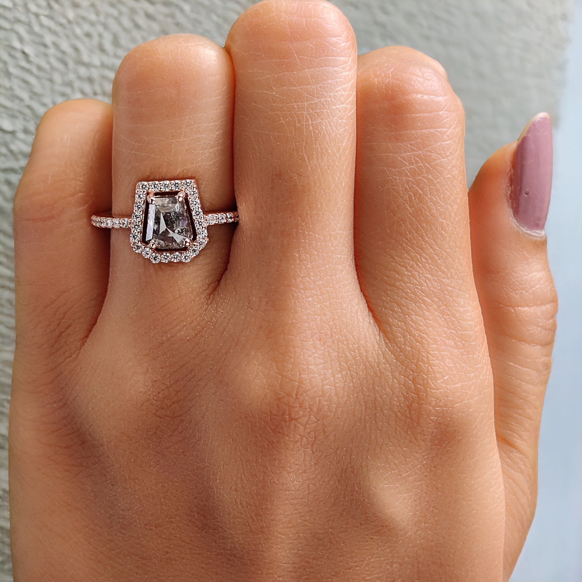 Coffin Cut Salt And Pepper Diamond Ring 1.03 Ct 6.30 MM Coffin Diamond Ring 14K Solid Rose Gold Silver Engagement Ring Gift For Her QL7466