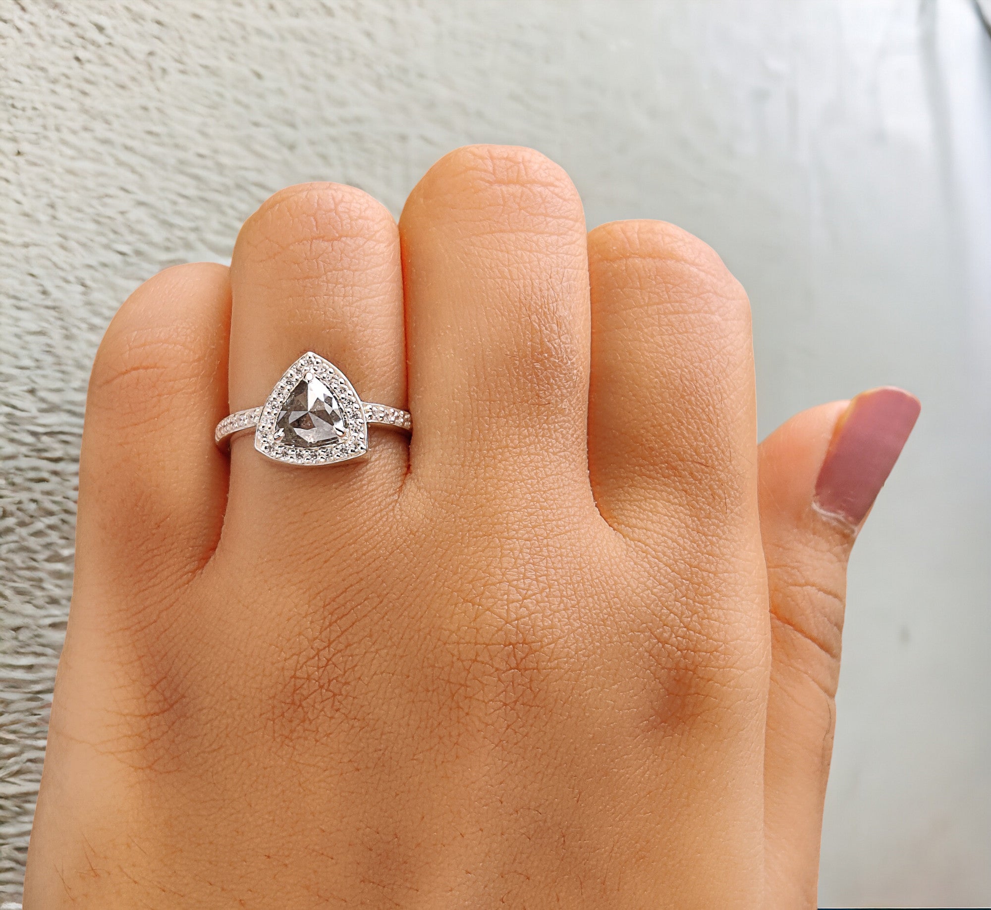 Triangle Salt And Pepper Diamond Ring 1.03 Ct 6.40 MM Triangle Diamond Ring 14K Solid White Gold Silver Engagement Ring Gift For Her QN9302