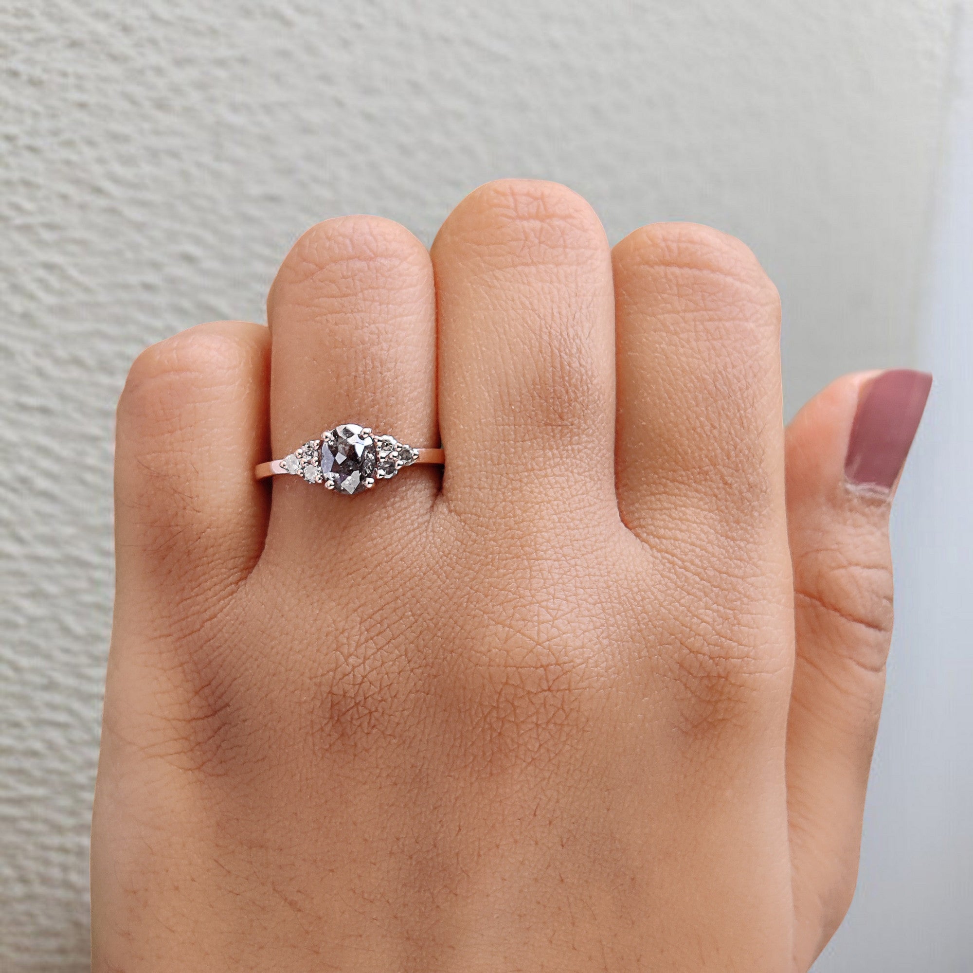 Oval Cut Salt And Pepper Diamond Ring 0.91 Ct 6.60 MM Oval Diamond Ring 14K Solid Rose Gold Silver Oval Engagement Ring Gift For Her QL665