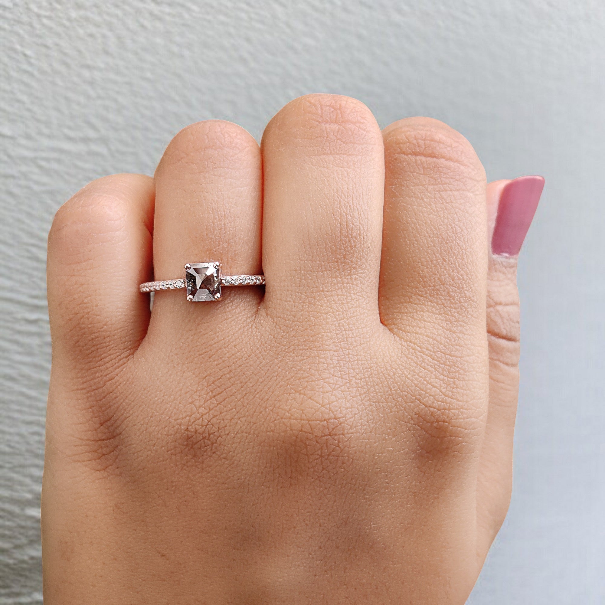 Emerald Cut Salt And Pepper Diamond Ring 0.87 Ct 5.60 MM Emerald Diamond Ring 14K Solid Rose Gold Silver Engagement Ring Gift For Her QL9510