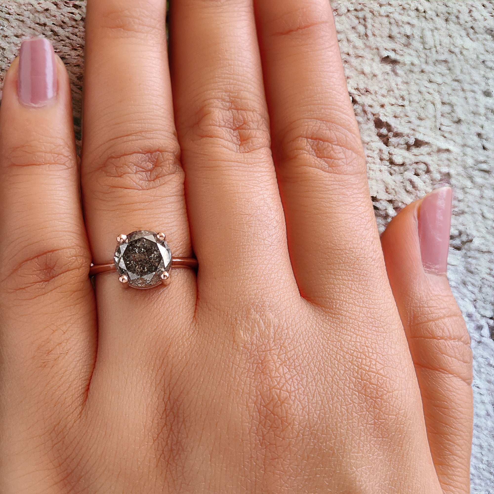 Round Cut Salt And Pepper Diamond Ring 3.37 Ct 8.77 MM Round Diamond Ring 14K Solid Rose Gold Silver Engagement Ring Gift For Her QL2303