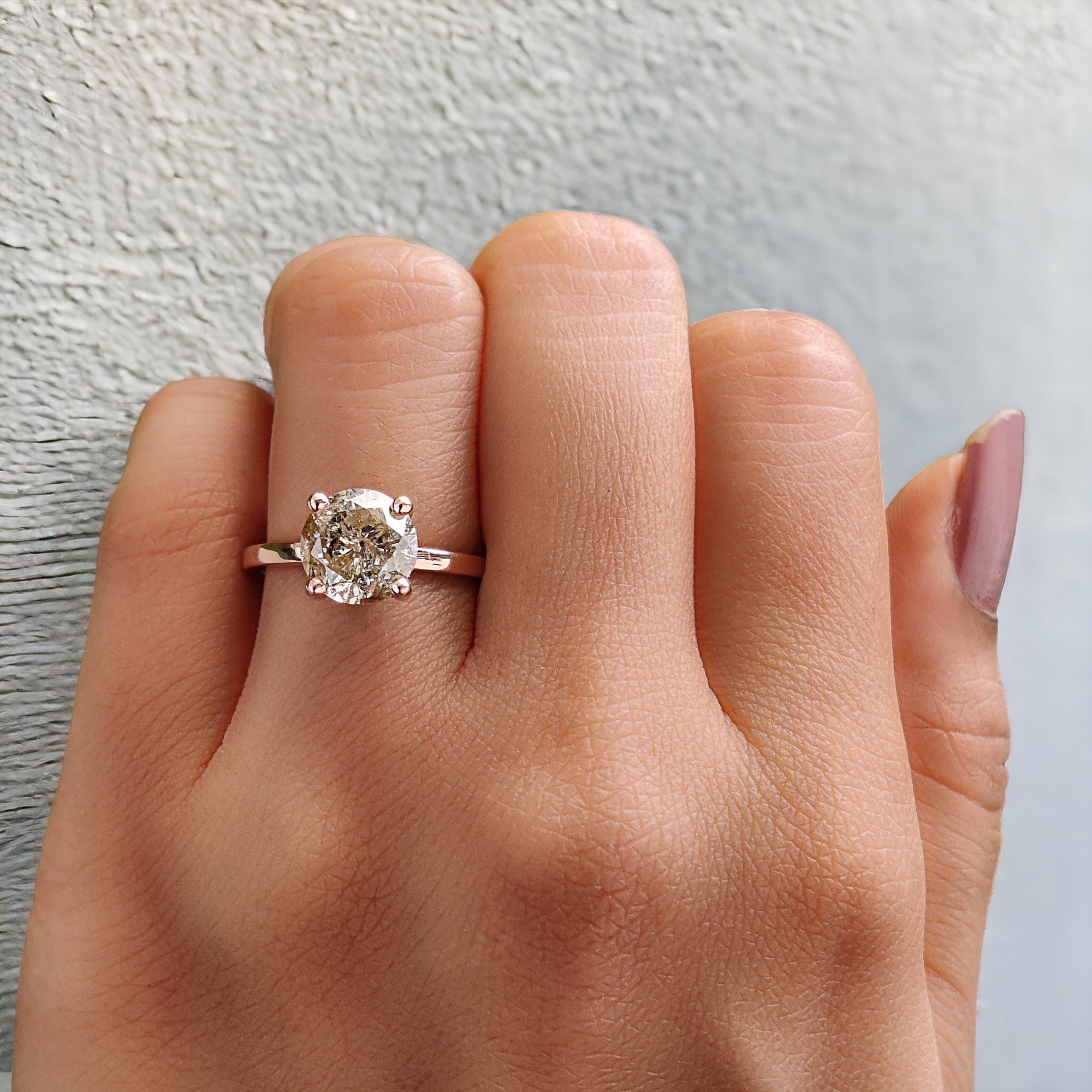 Round Cut Brown Color Diamond Ring 2.01 Ct 7.85 MM Round Shape Diamond Ring 14K Solid Rose Gold Silver Engagement Ring Gift For Her QL405