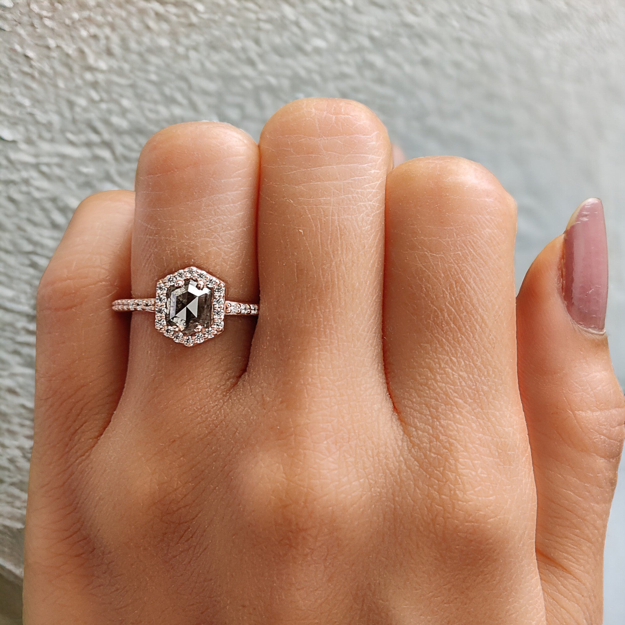 Hexagon Salt And Pepper Diamond Ring 1.00 Ct 6.35 MM Hexagon Cut Diamond Ring 14K Solid Rose Gold Silver Engagement Ring Gift For Her QL276