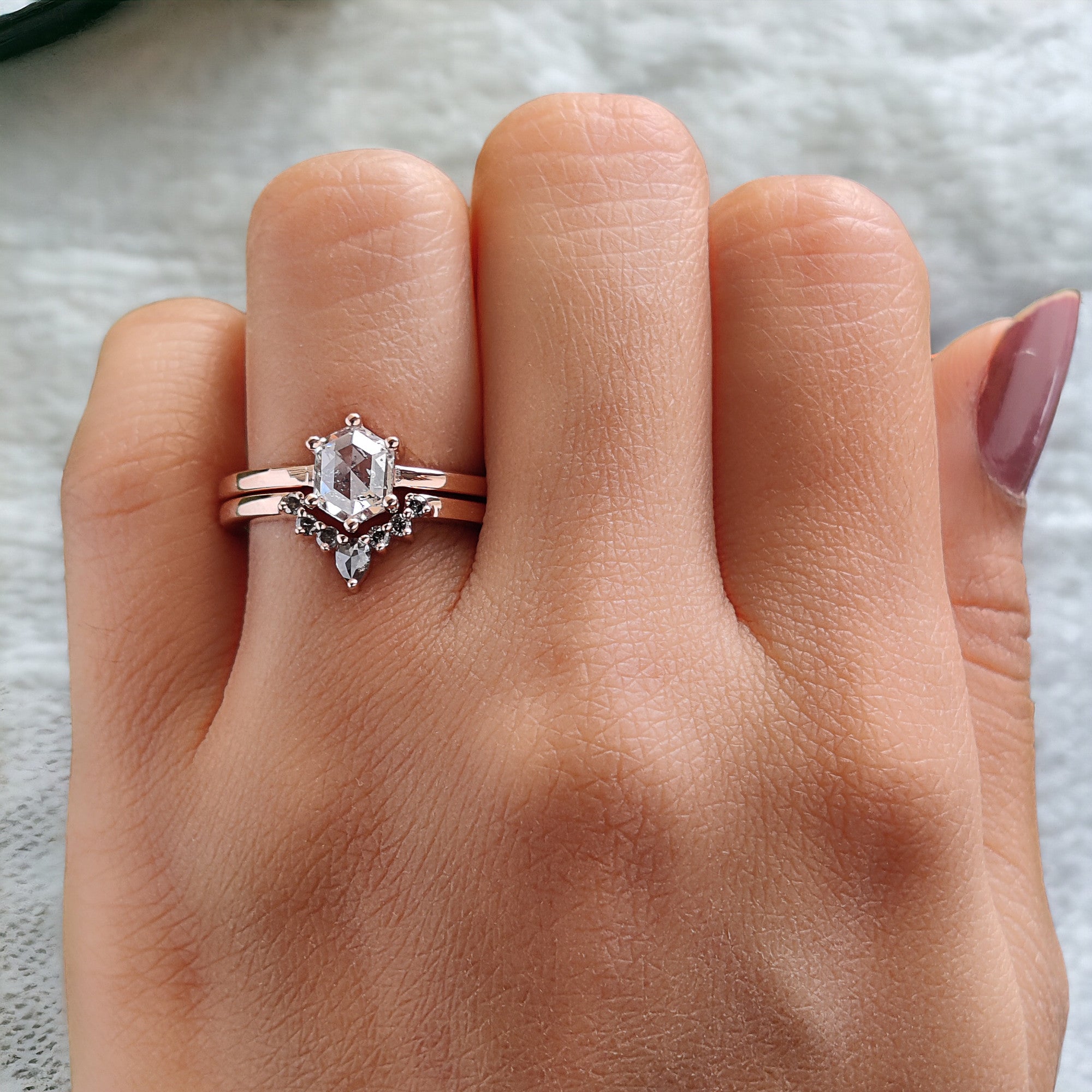 Hexagon Cut Salt And Pepper Diamond Ring 1.00 Ct 6.90 MM Hexagon Diamond Ring 14K Solid Rose Gold Silver Engagement Ring Gift For Her QL2676