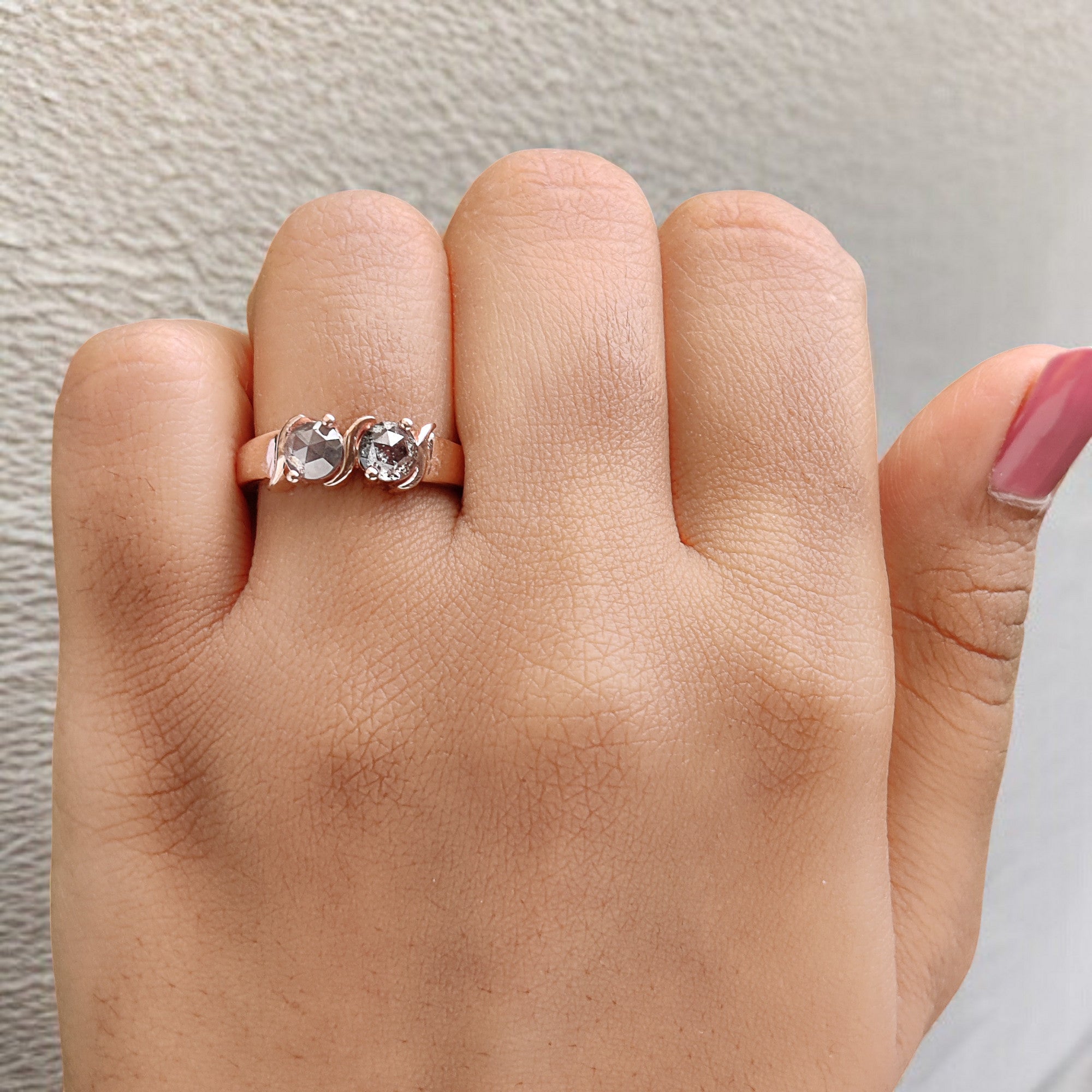 Round Rose Cut Salt And Pepper Diamond Ring 0.95 Ct 4.60 MM Round Diamond Ring 14K Rose Gold Silver Engagement Ring Gift For Her QL1006