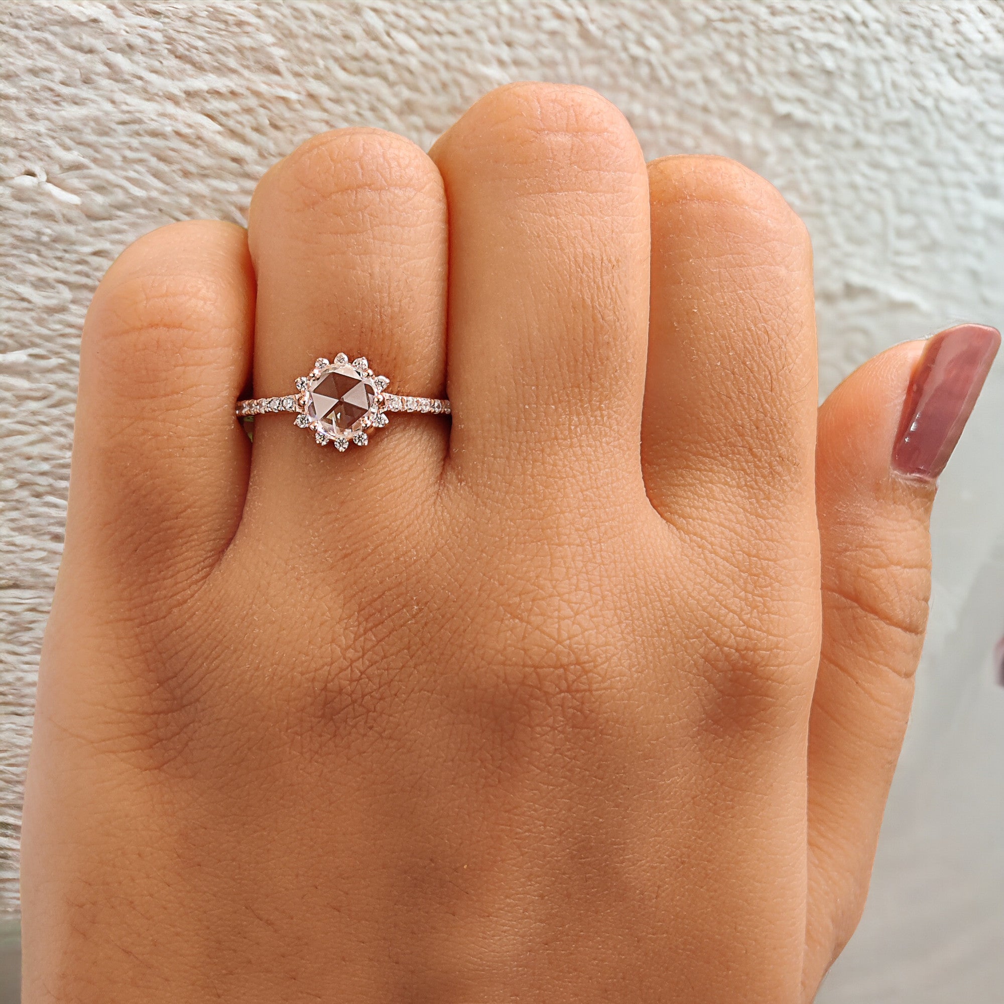 Round Rose Cut White Color Diamond Ring 0.55 Ct 6.00 MM Round Shape Diamond Ring 14K Rose Gold Silver Engagement Ring Gift For Her QL6242